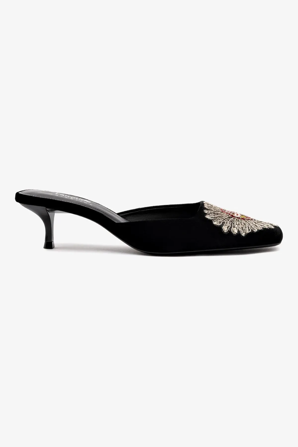 Larroud x Markarian Mule In Black Velvet and Heart Embroidery