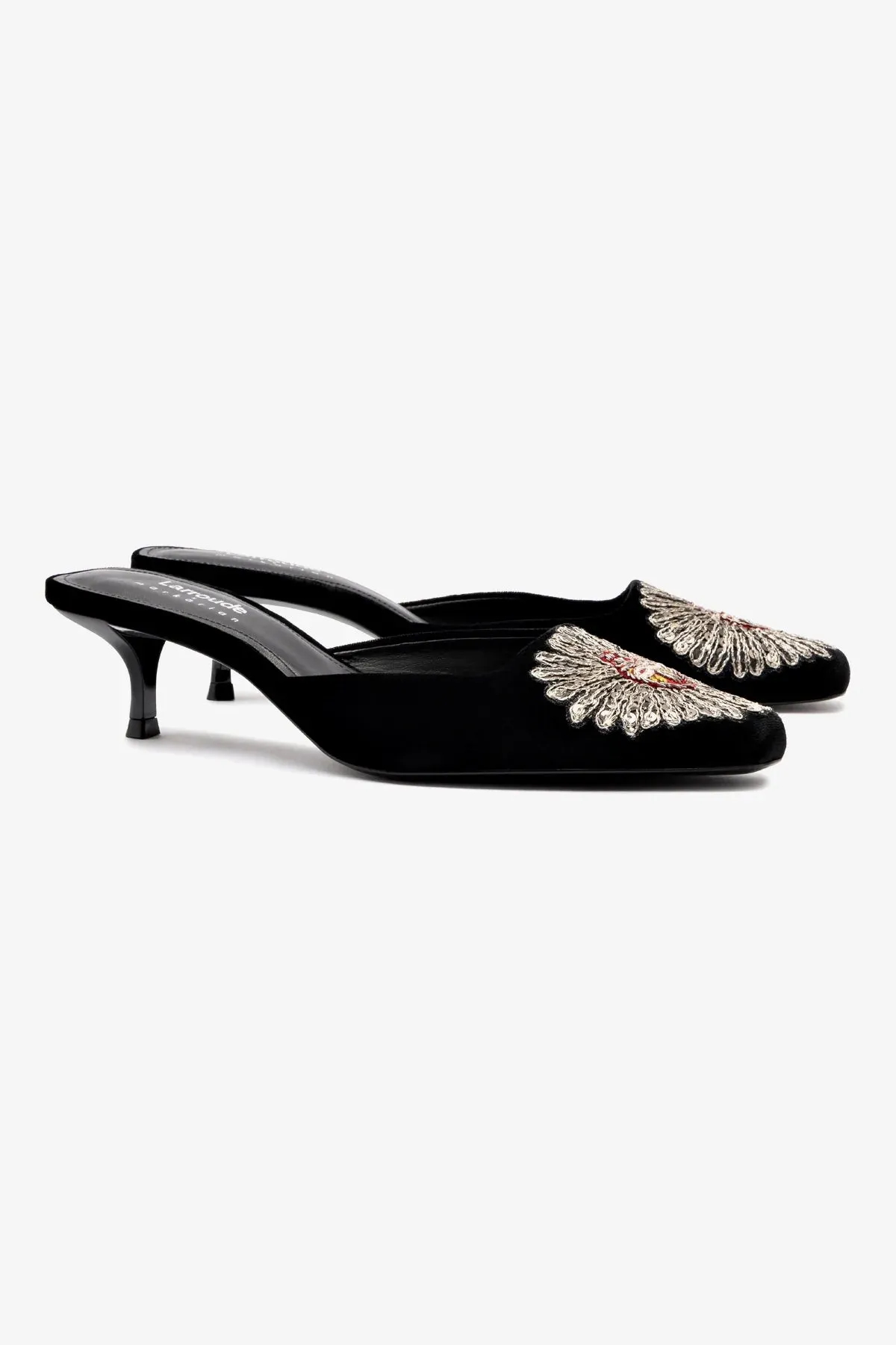Larroud x Markarian Mule In Black Velvet and Heart Embroidery