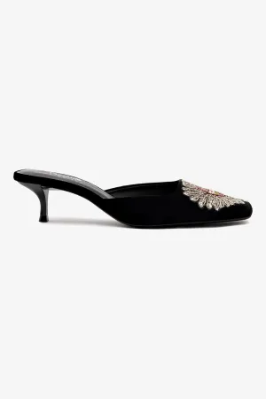 Larroud x Markarian Mule In Black Velvet and Heart Embroidery