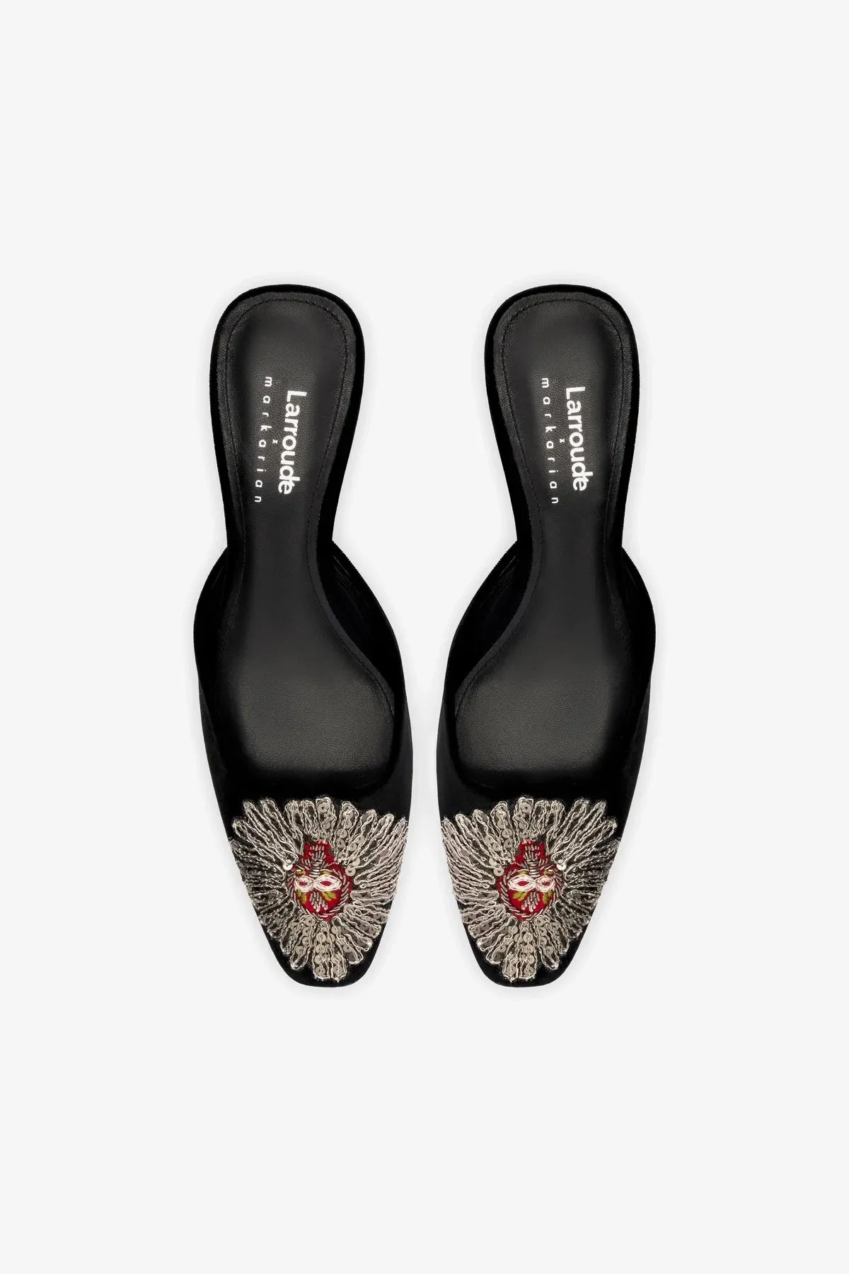 Larroud x Markarian Mule In Black Velvet and Heart Embroidery