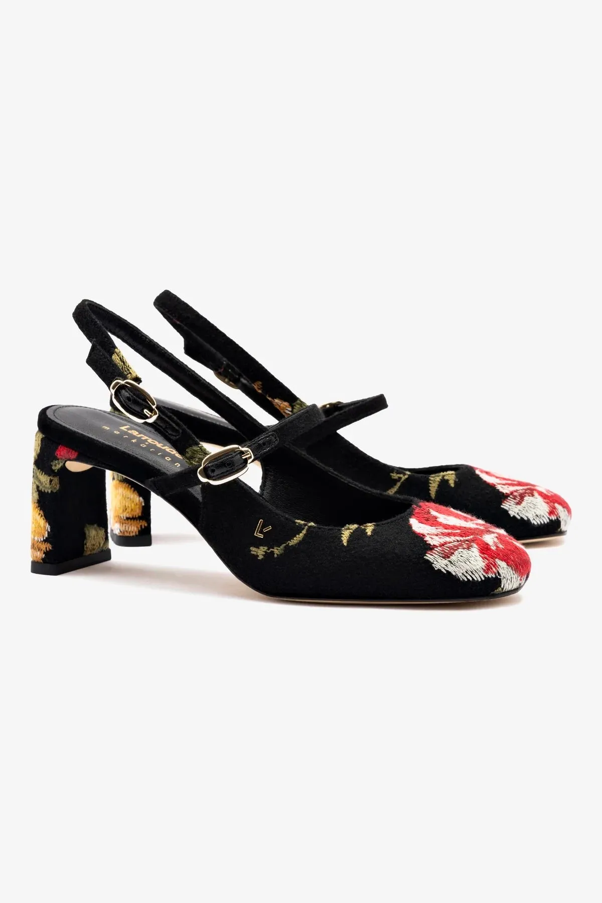 Larroud x Markarian Pump In Black Wool and Floral Embroidery