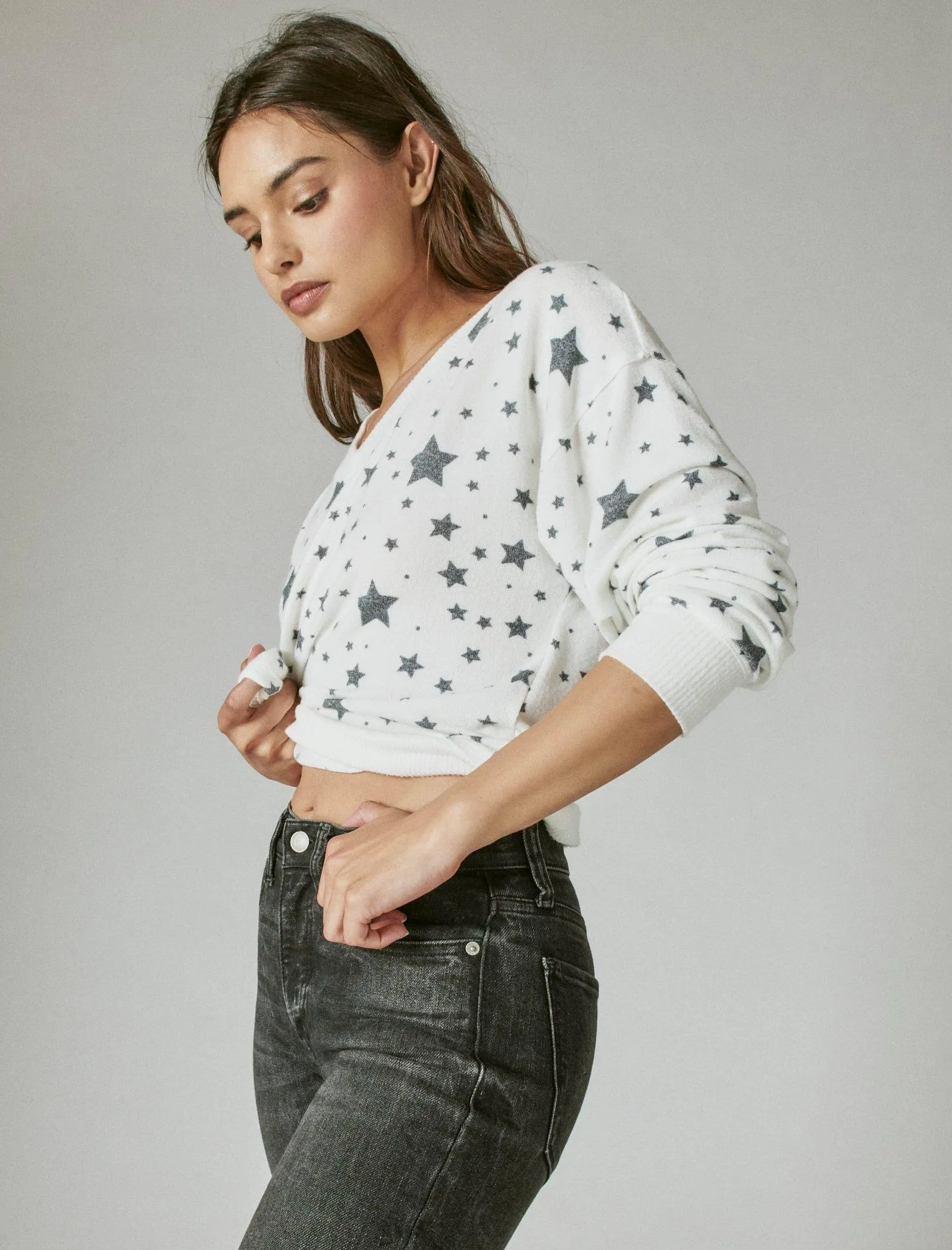 Lucky Brand Womens Cloud Jersey Long Sleeve V Neck Top
