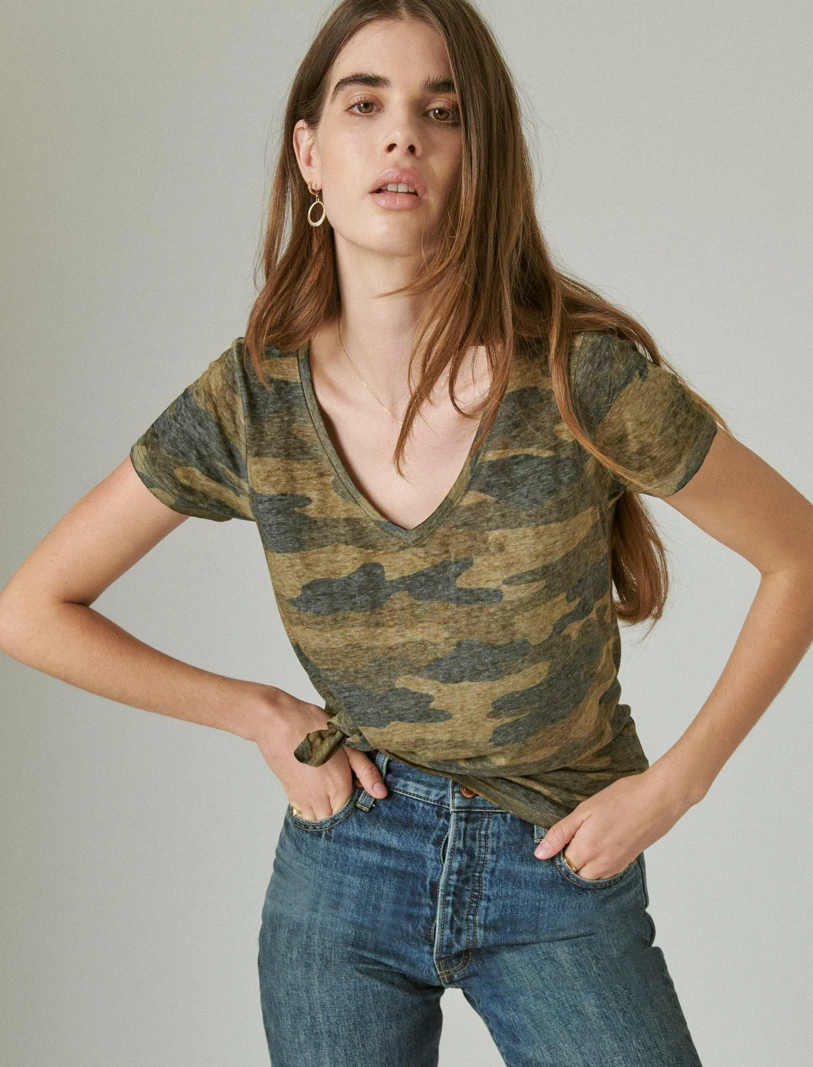 Lucky Brand Womens Vneck Camo Tee
