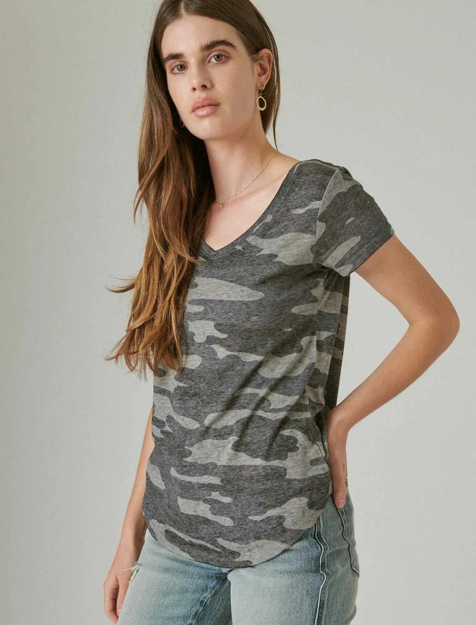 Lucky Brand Womens Vneck Camo Tee