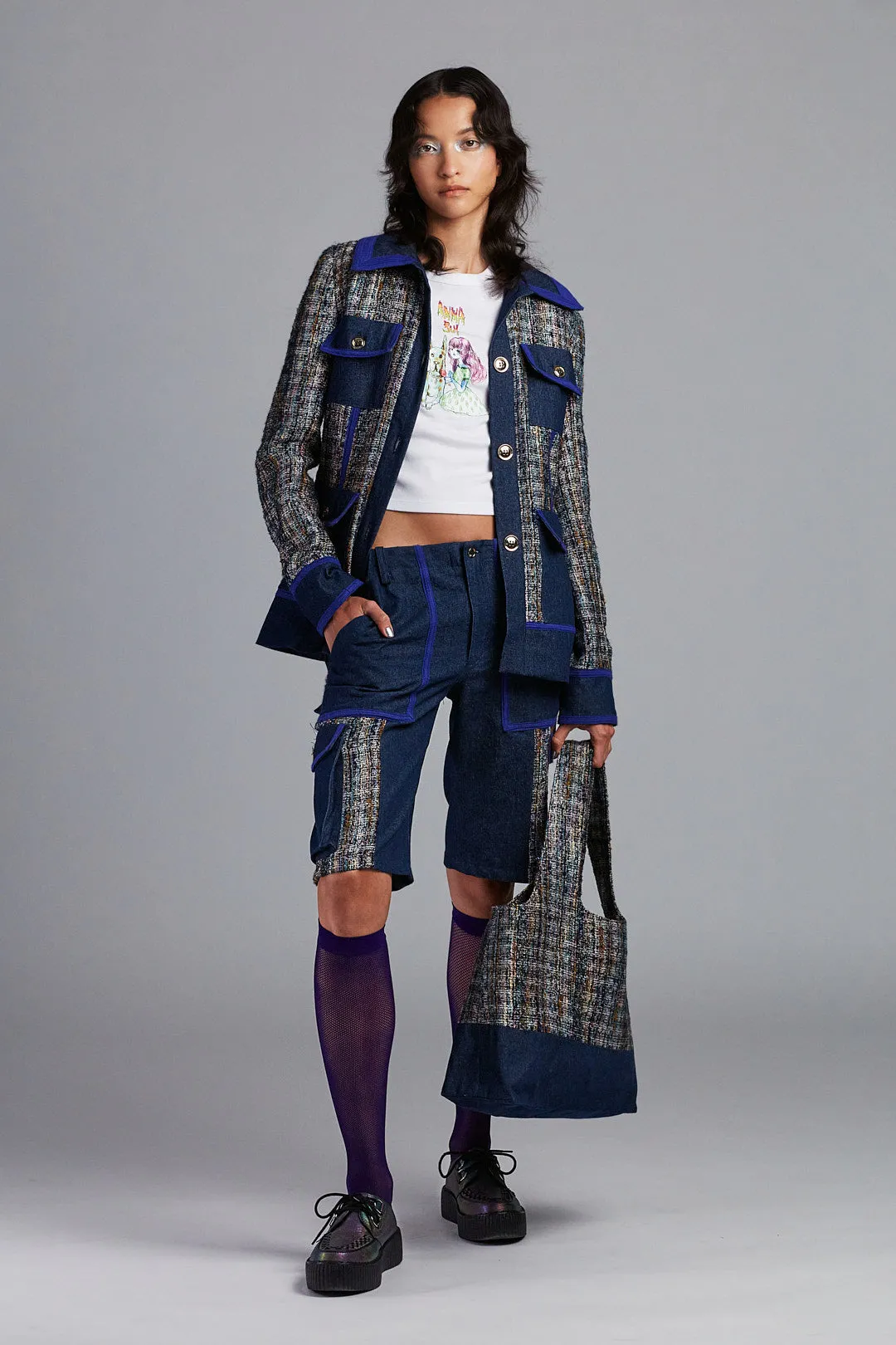 Lurex Tweed & Denim Tote Bag Annasui