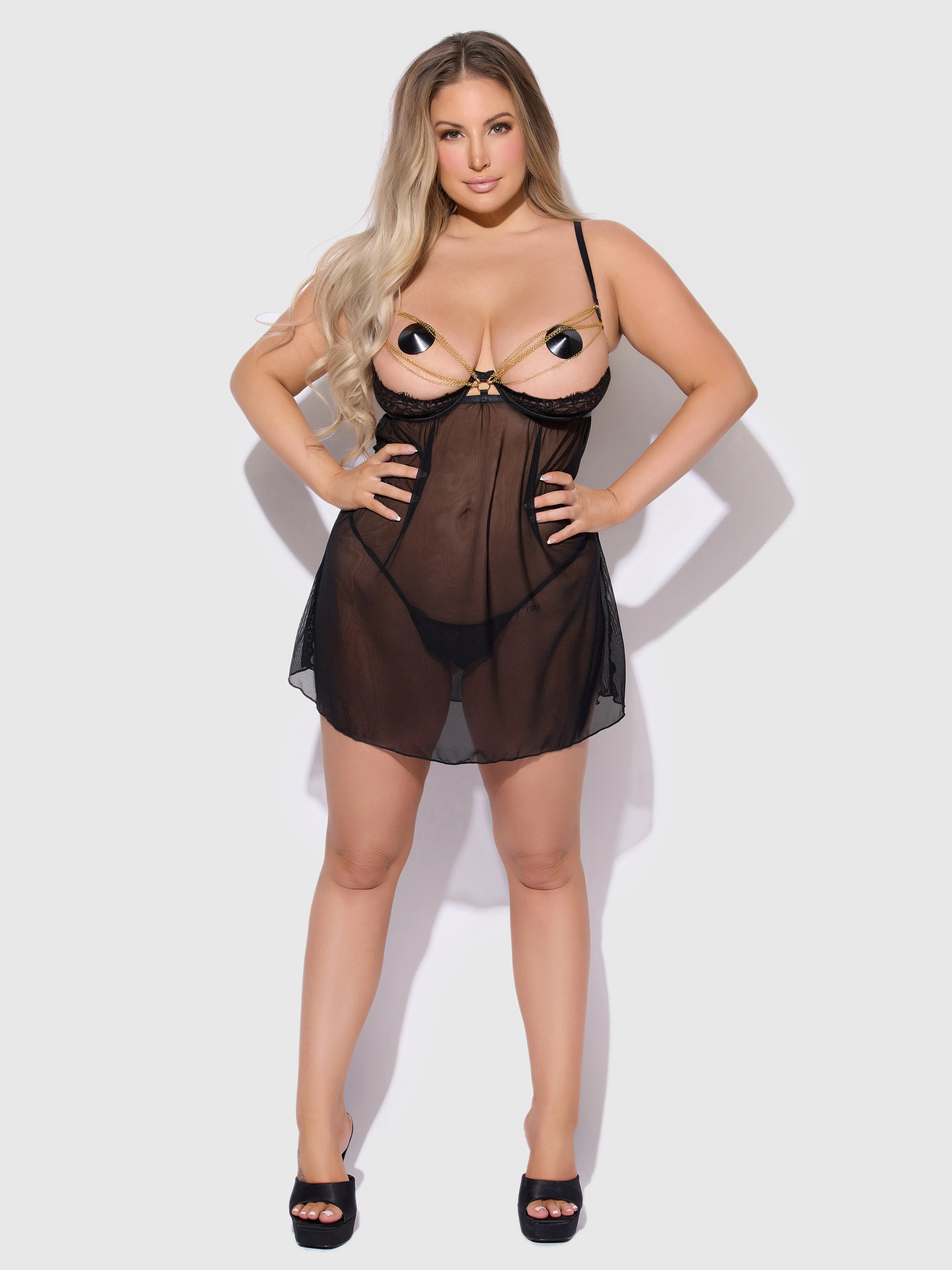 Maeve Chain & Lace Open Cup Mesh Babydoll by Frederick's of Hollywood
