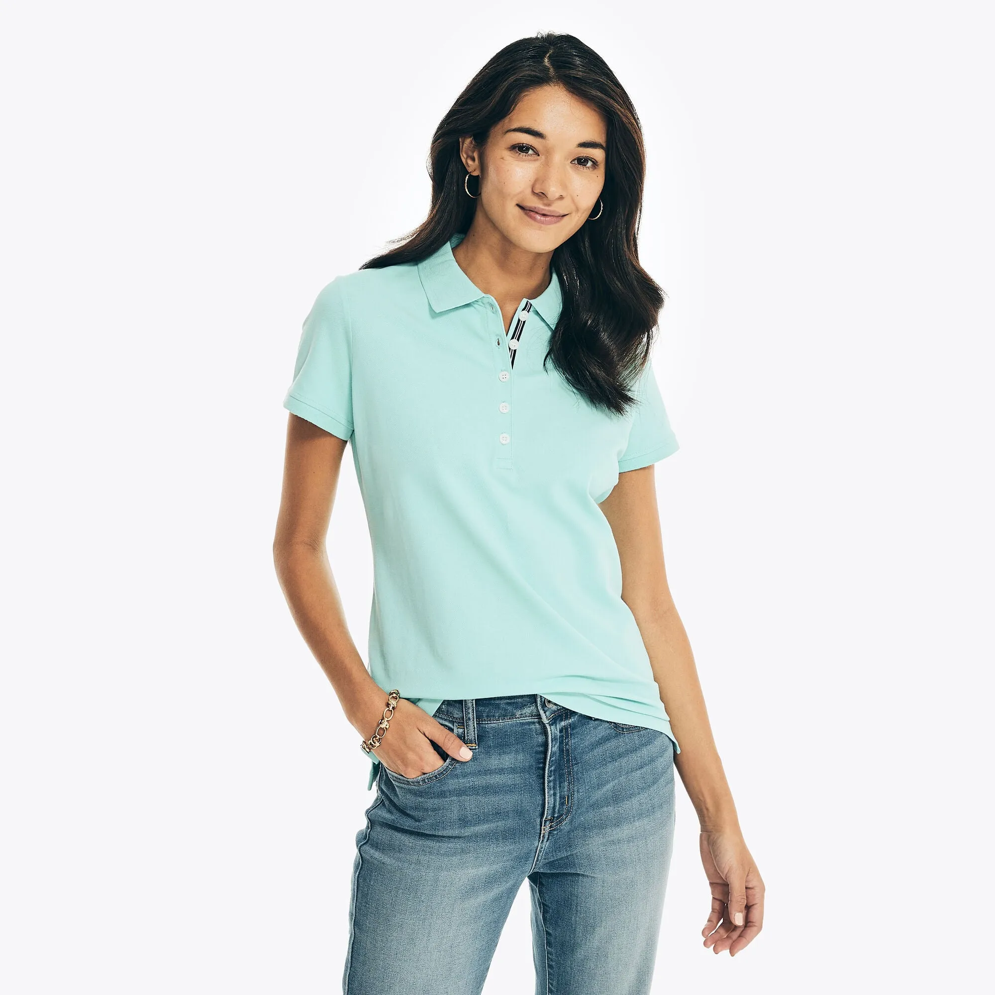 Nautica Womens Classic Fit Chambray Collar Polo