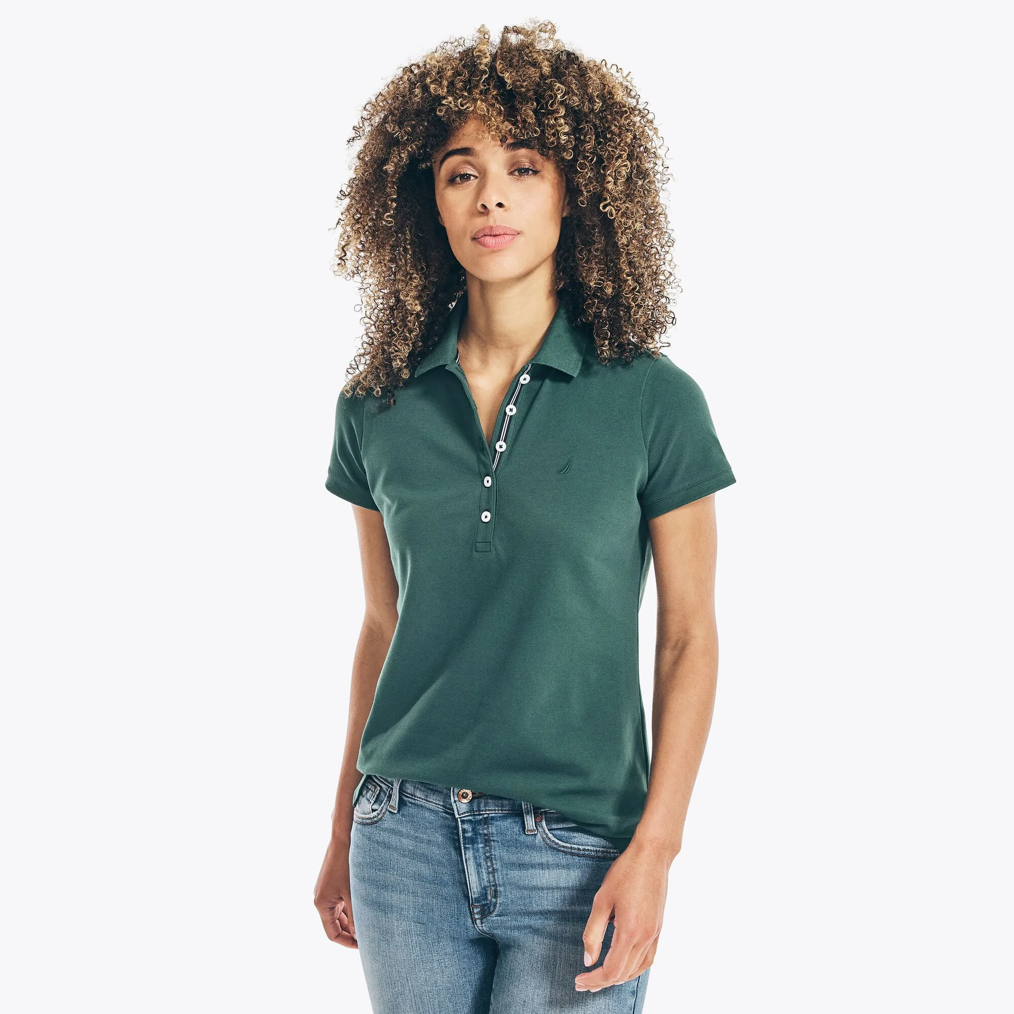 Nautica Womens Classic Fit Chambray Collar Polo