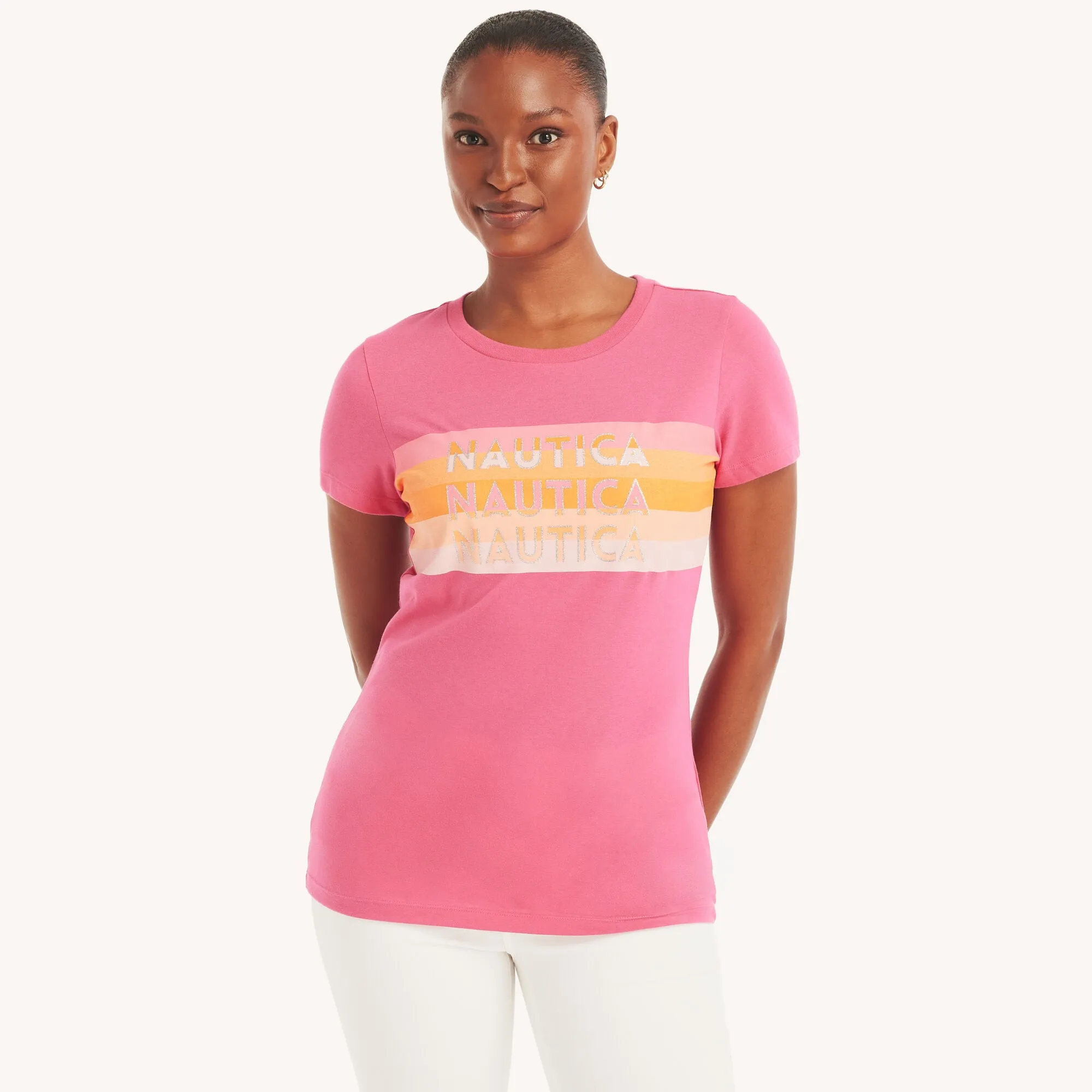 Nautica Womens Glitter Logo Graphic T-Shirt
