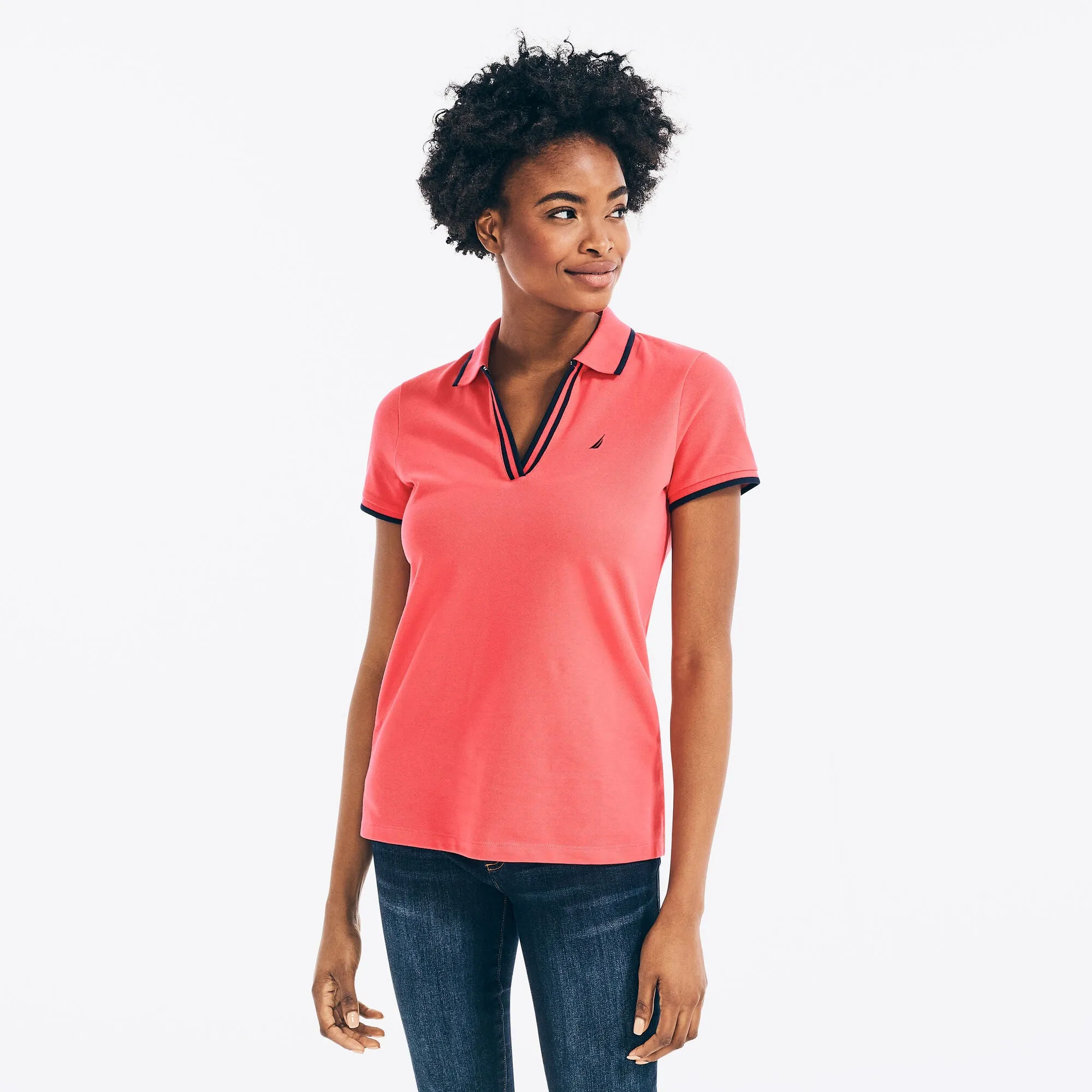 Nautica Womens Sustainably Crafted Ocean Split-Neck Polo