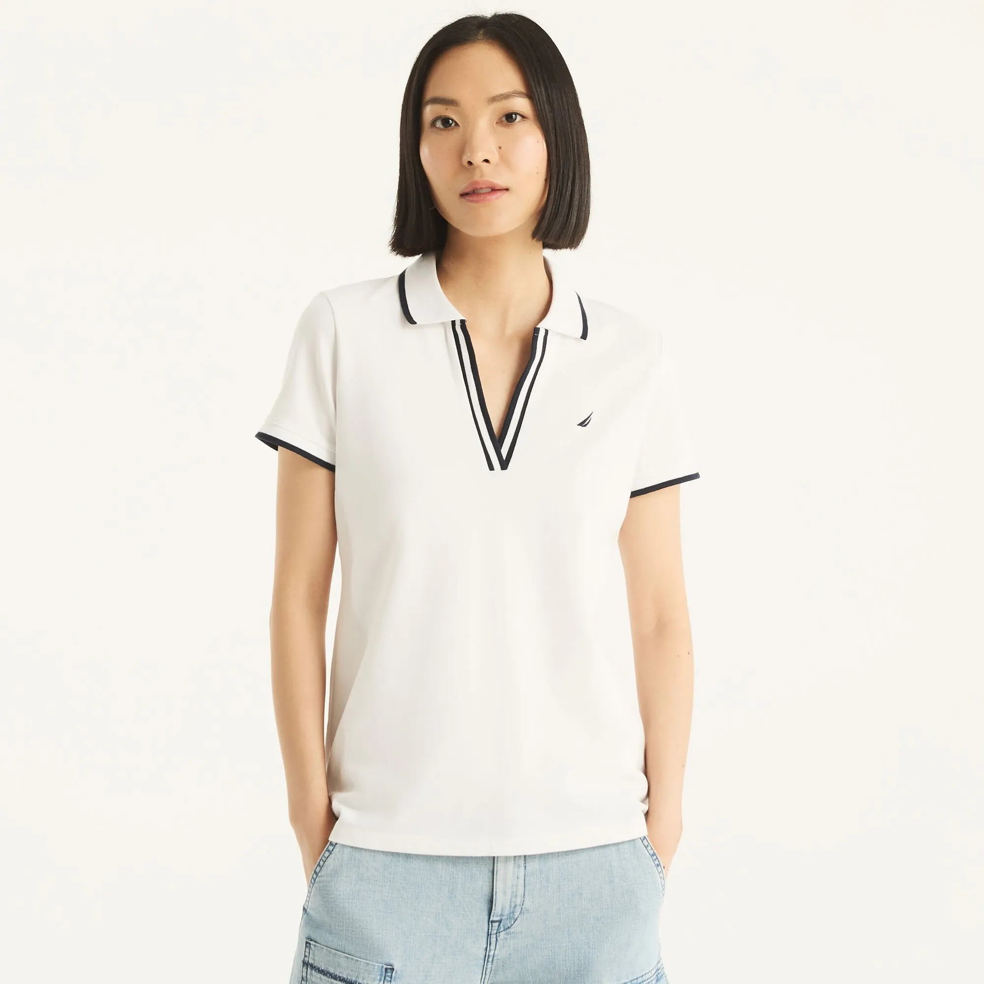 Nautica Womens Sustainably Crafted Ocean Split-Neck Polo