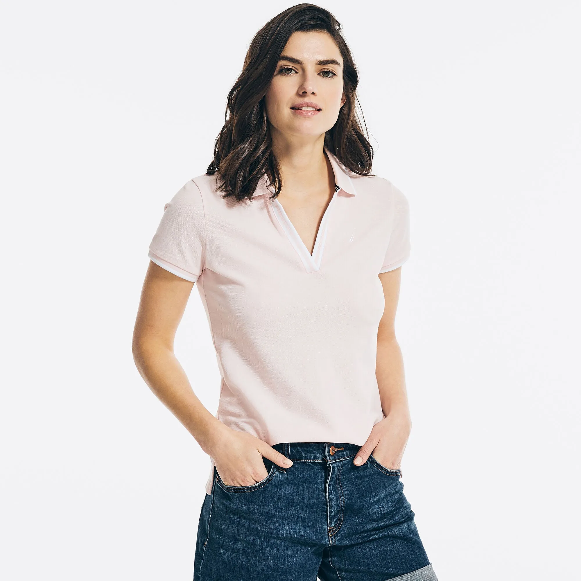 Nautica Womens Sustainably Crafted Ocean Split-Neck Polo