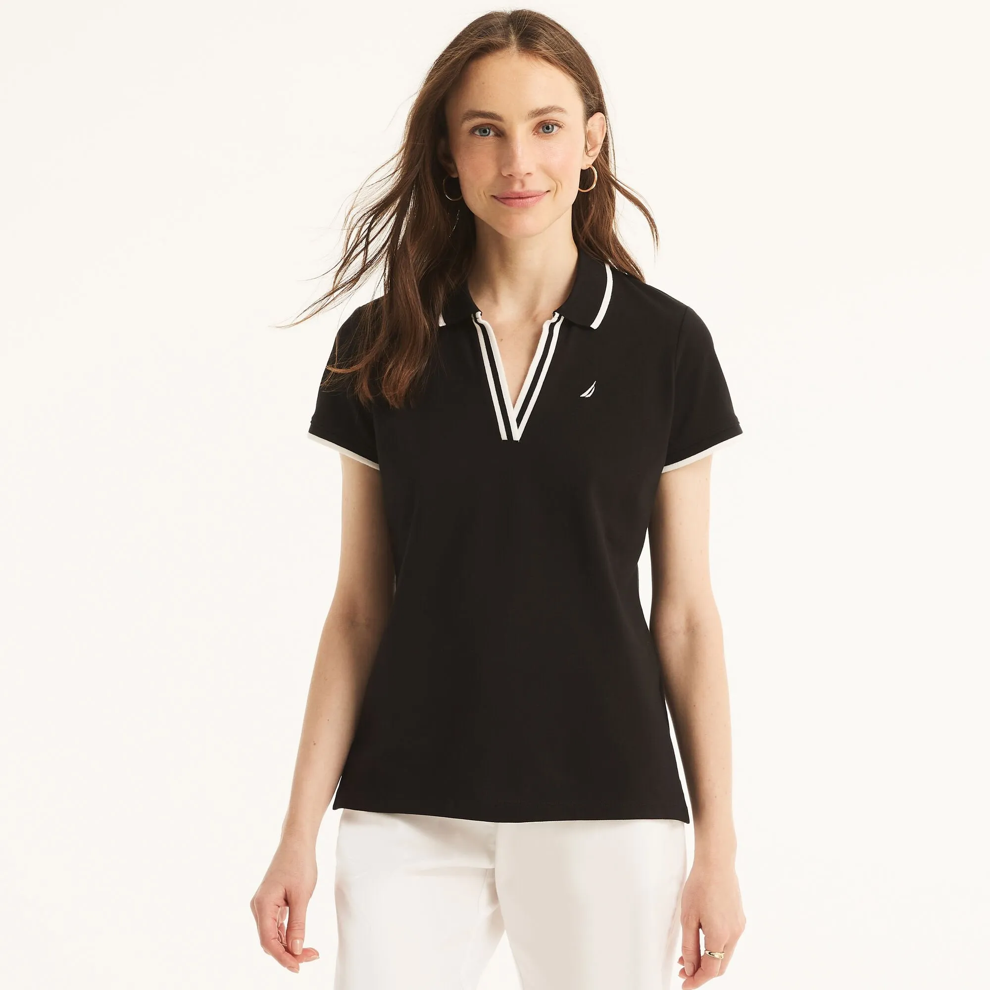 Nautica Womens Sustainably Crafted Ocean Split-Neck Polo
