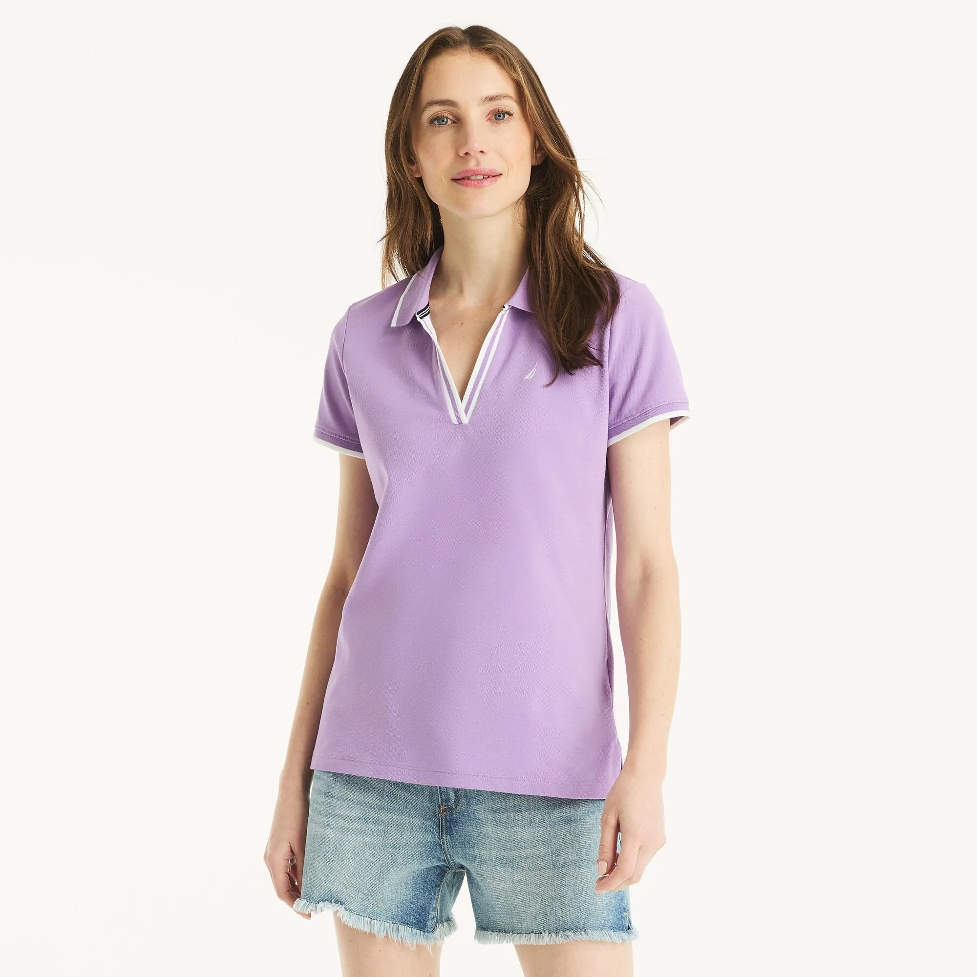 Nautica Womens Sustainably Crafted Ocean Split-Neck Polo