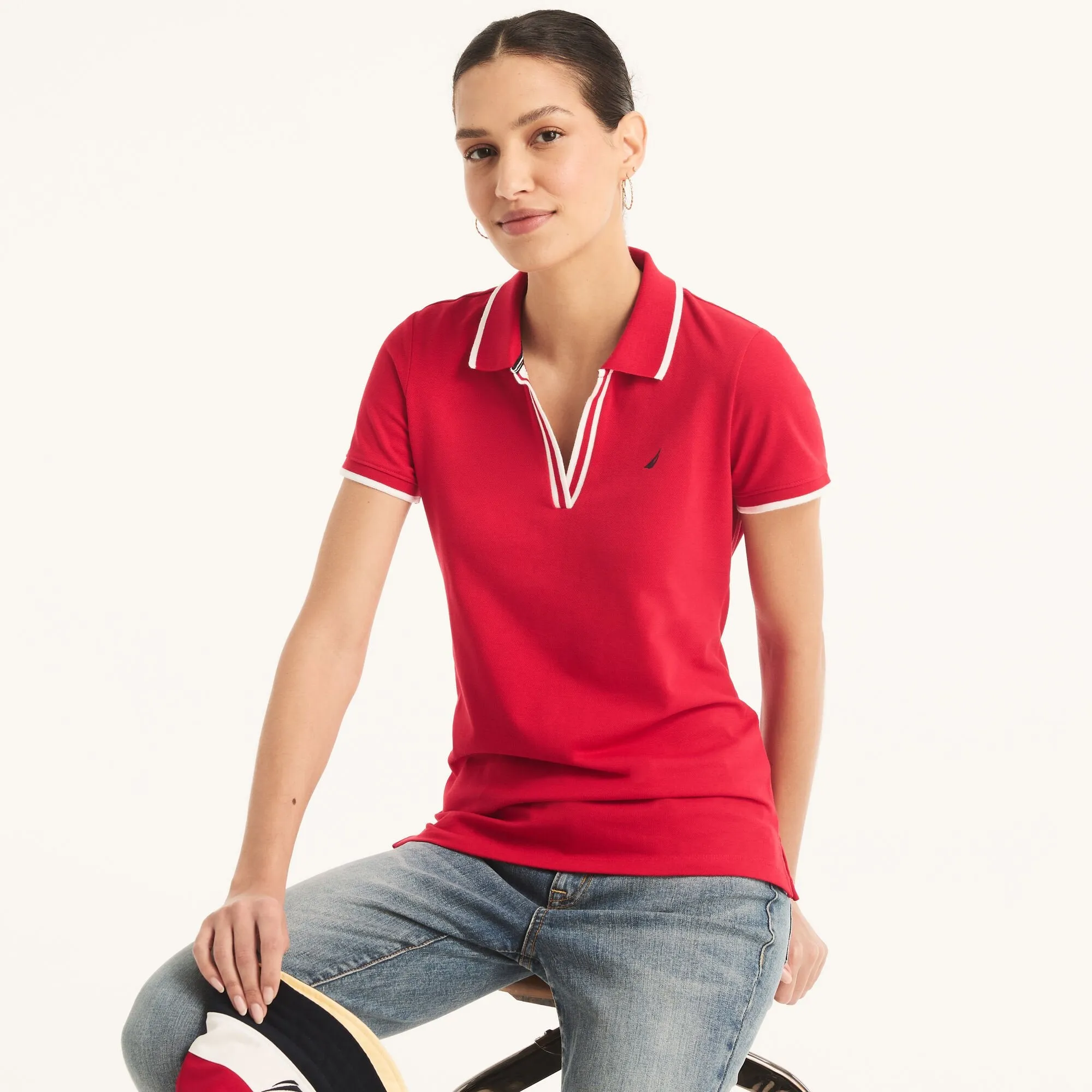 Nautica Womens Sustainably Crafted Ocean Split-Neck Polo