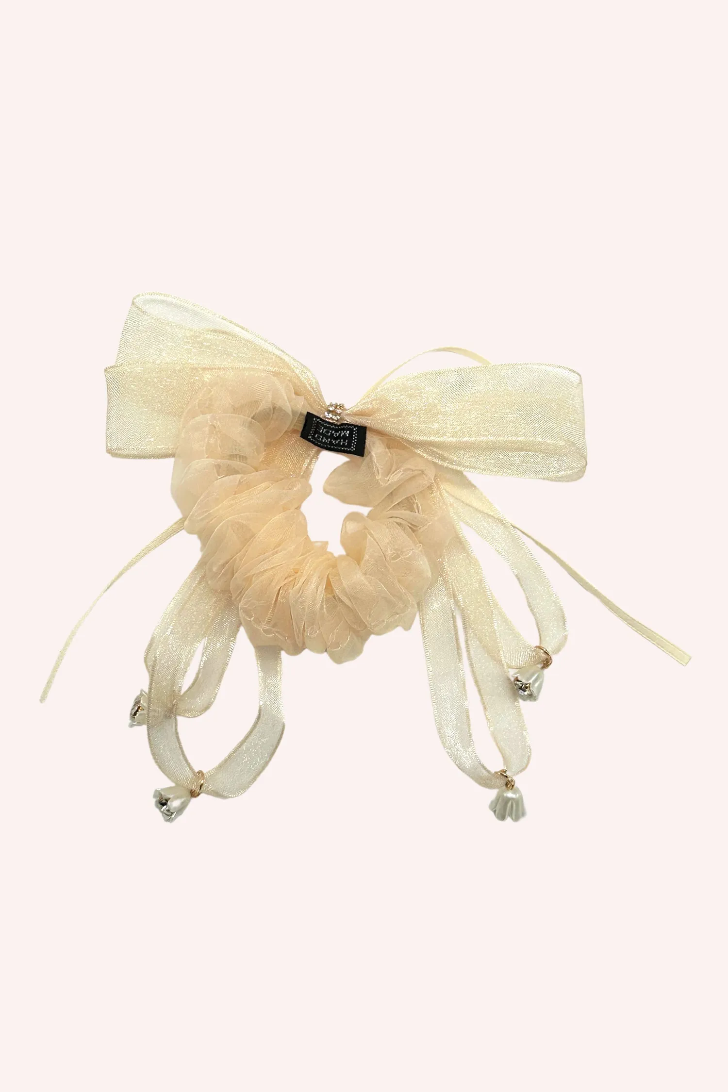 Nude Mesh Bow Flower Embellished Scrunchie Annasui
