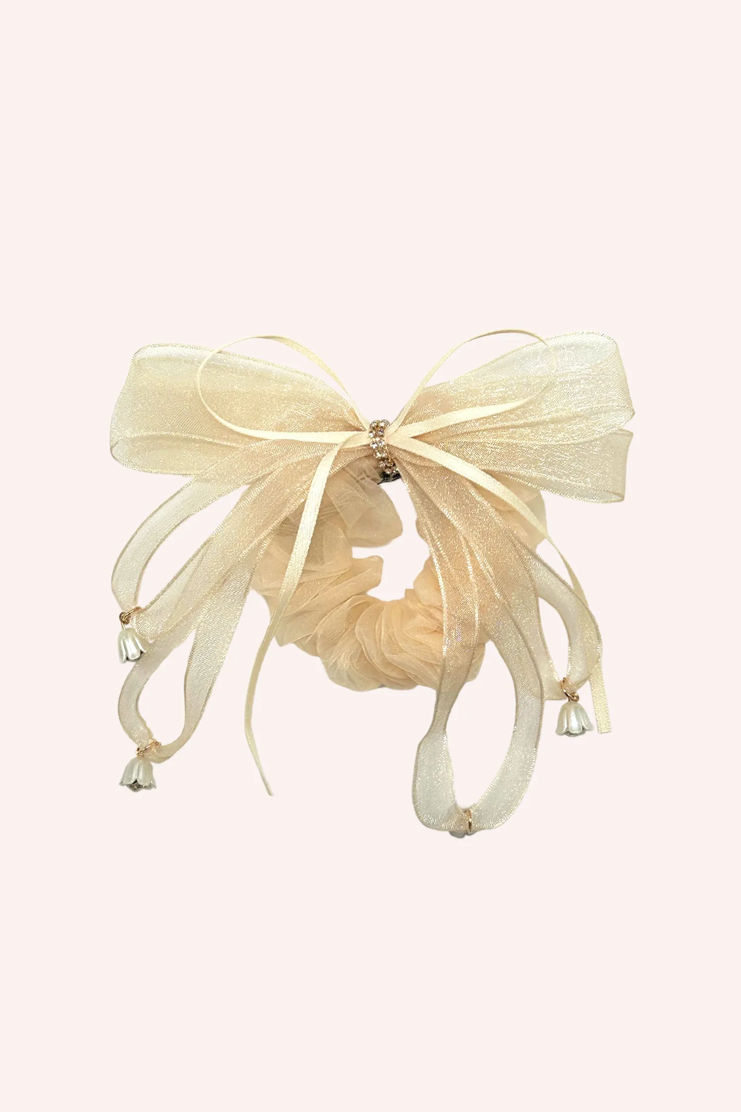 Nude Mesh Bow Flower Embellished Scrunchie Annasui