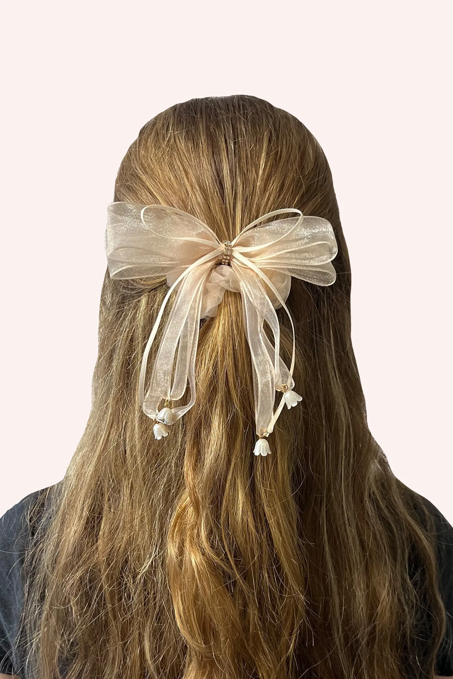 Nude Mesh Bow Flower Embellished Scrunchie Annasui