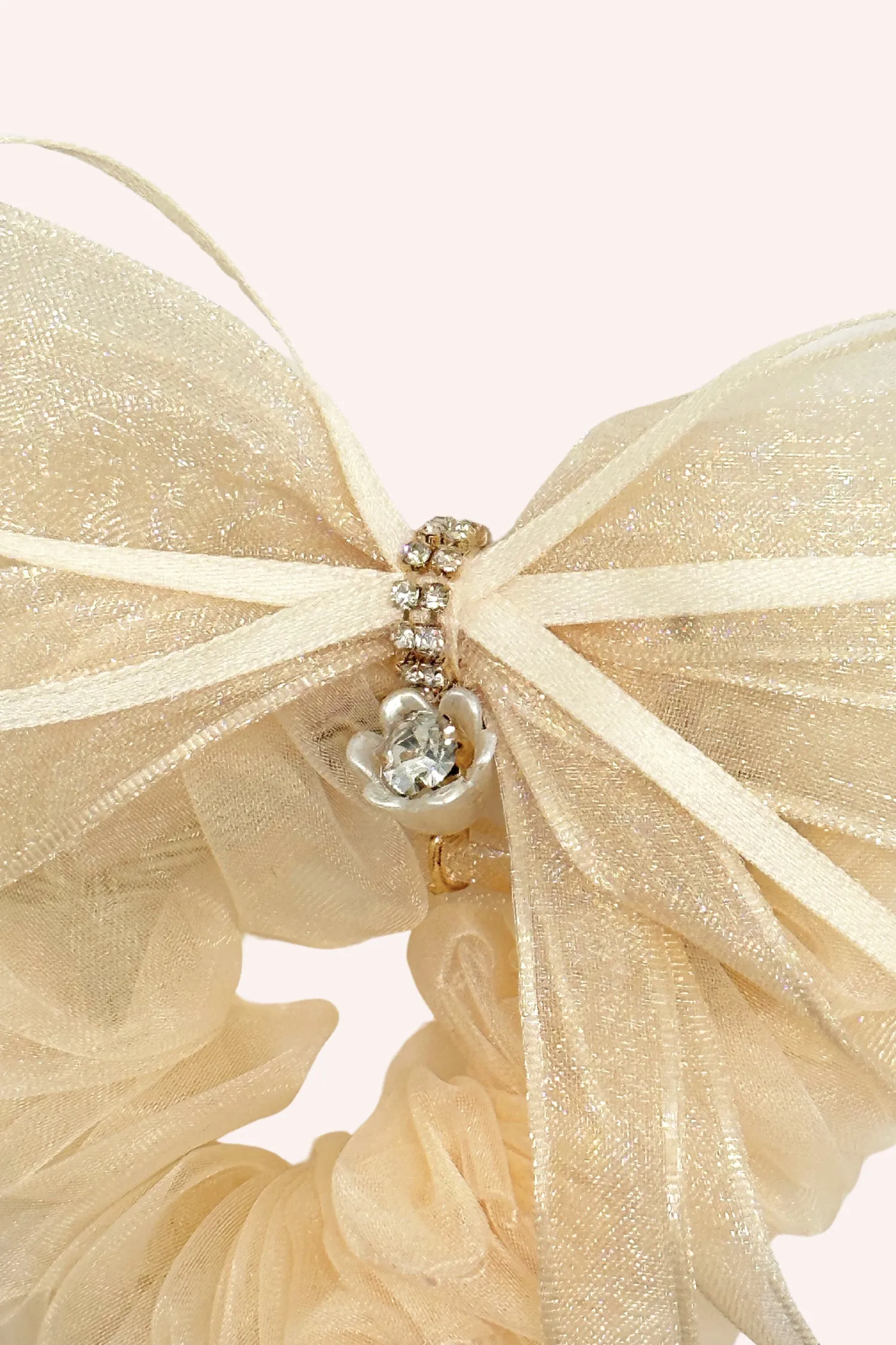 Nude Mesh Bow Flower Embellished Scrunchie Annasui