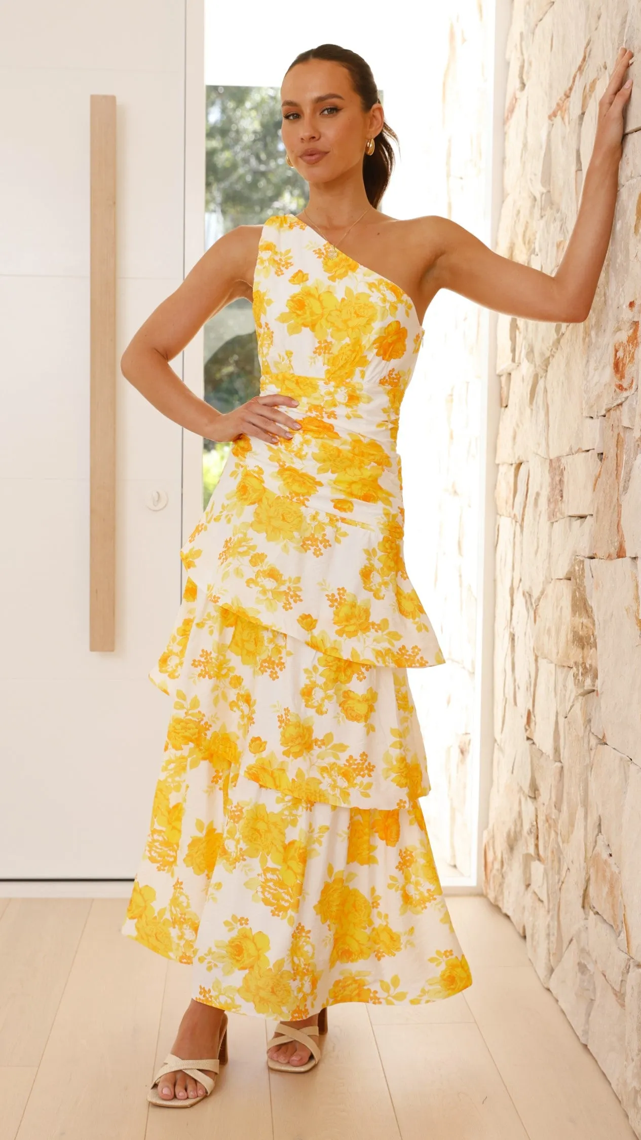 Odilie One Shoulder Maxi Dress - Yellow Floral Billy J
