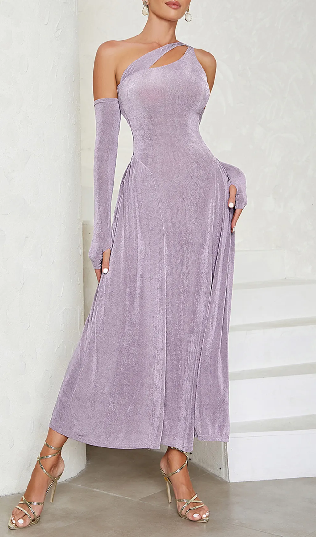 ONE SHOULDER CUT OUT DRESS WITH ARM SLEEVES Gloria Lanvin