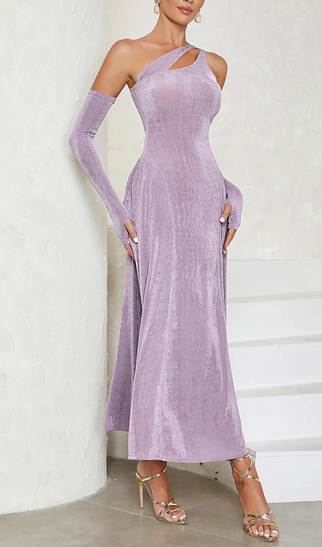 ONE SHOULDER CUT OUT DRESS WITH ARM SLEEVES Gloria Lanvin