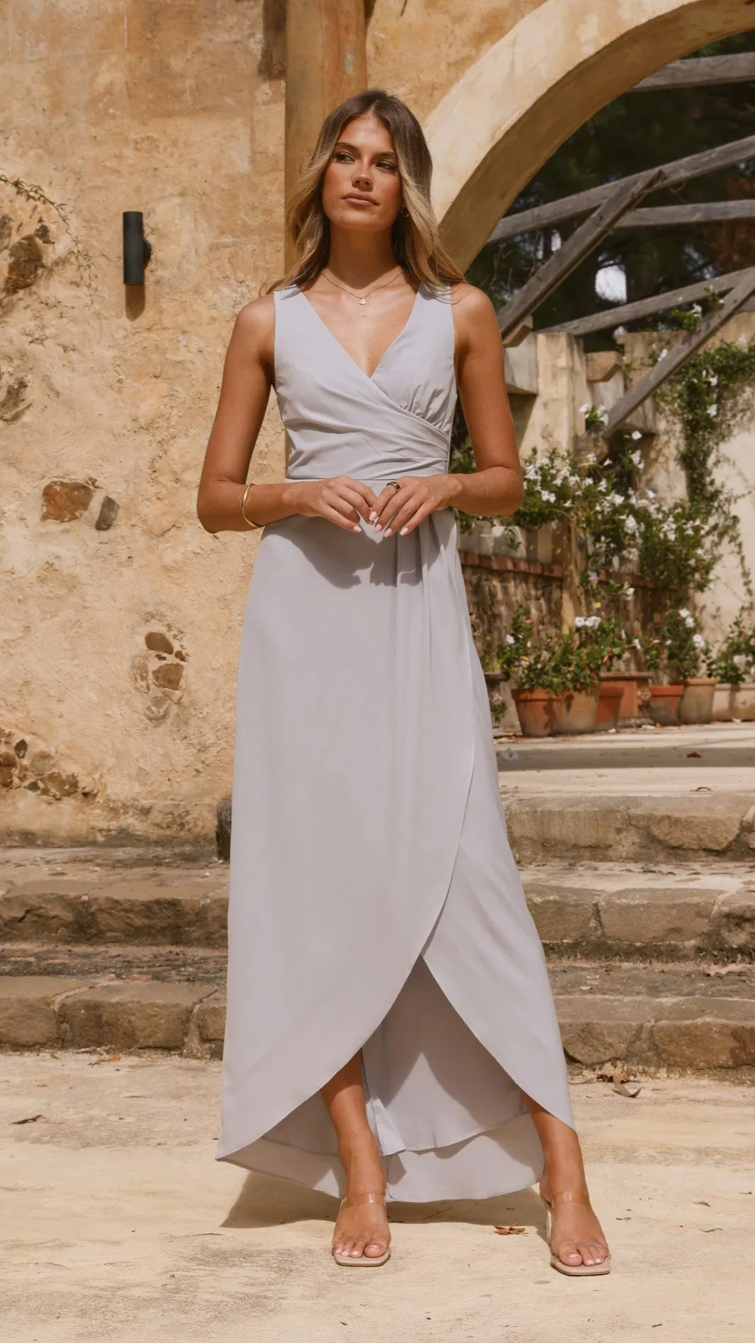 Pamela V Neck Maxi Dress - Light Grey Billy J