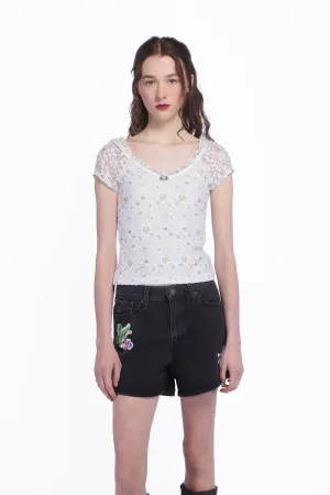 Pansy Stretch Lace Short Sleeve Top Annasui