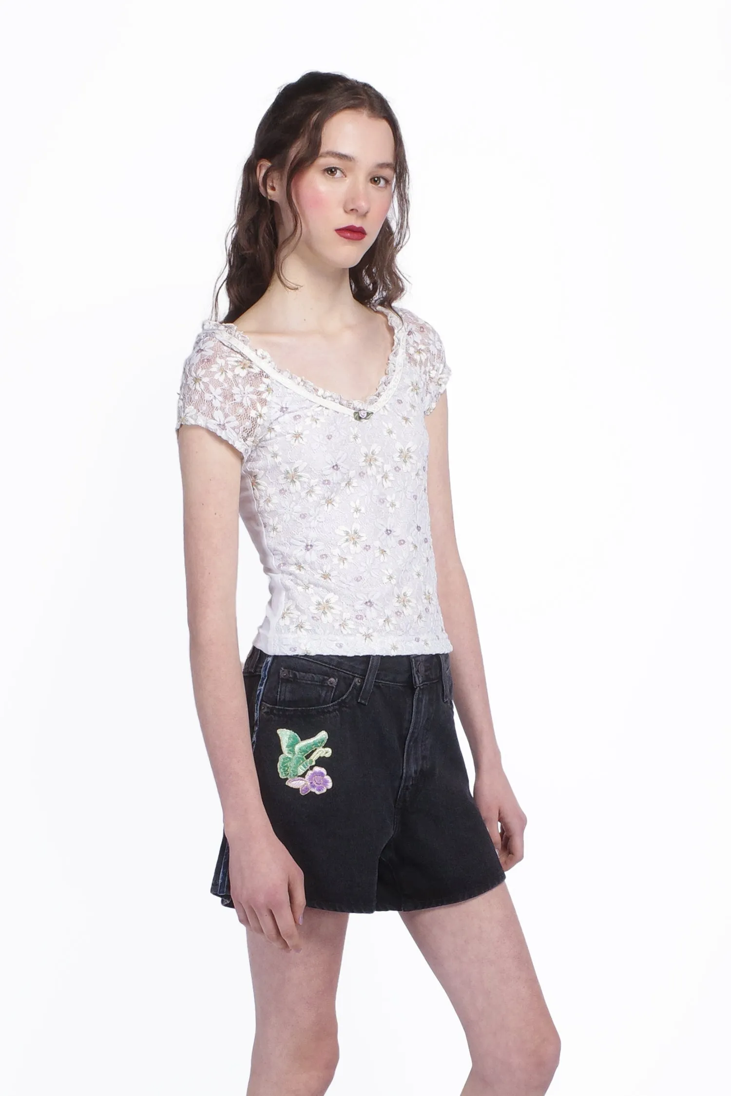 Pansy Stretch Lace Short Sleeve Top Annasui