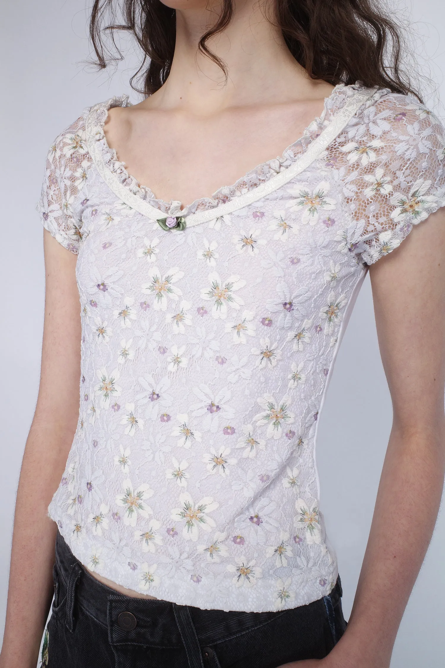 Pansy Stretch Lace Short Sleeve Top Annasui