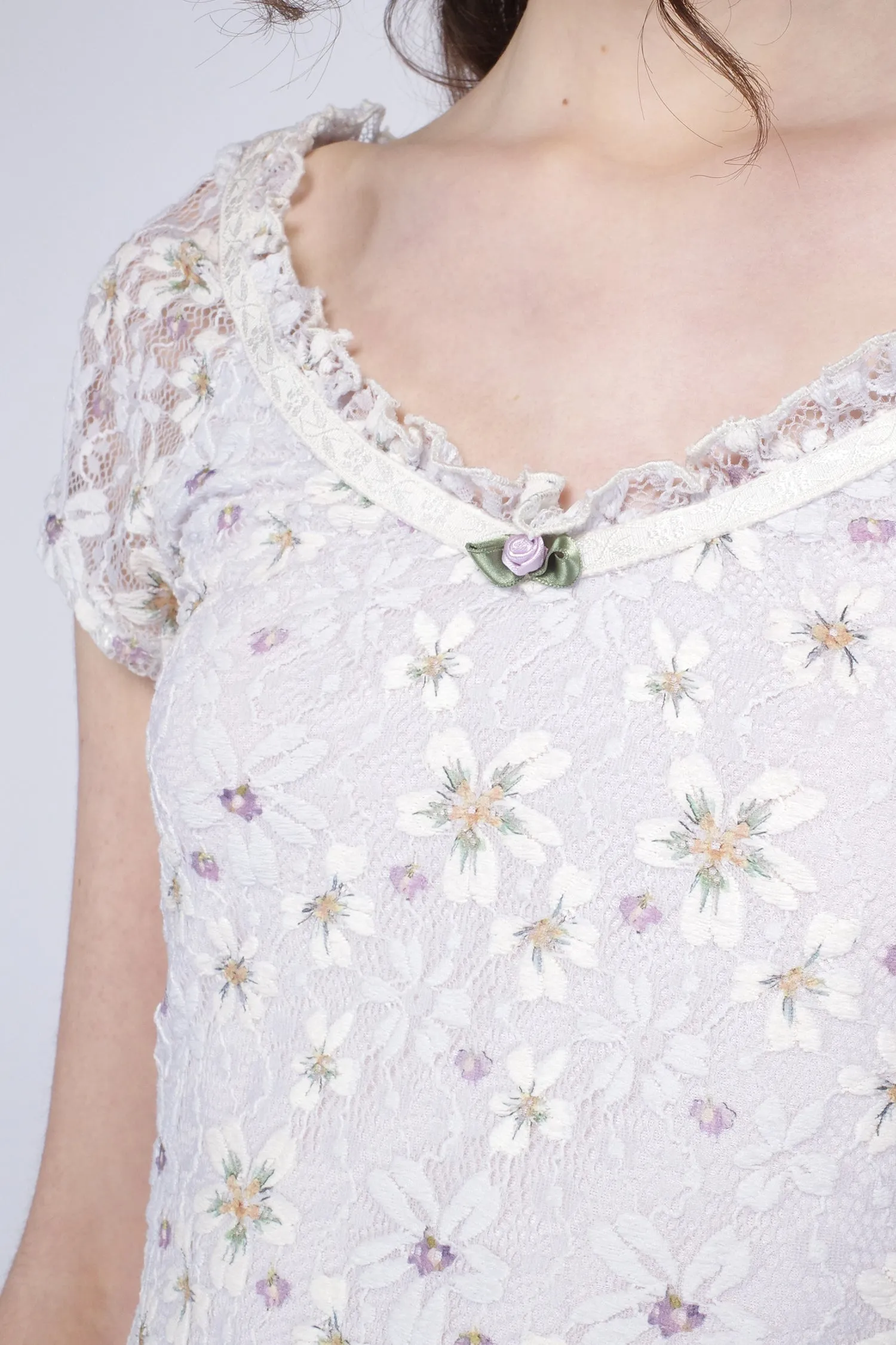Pansy Stretch Lace Short Sleeve Top Annasui