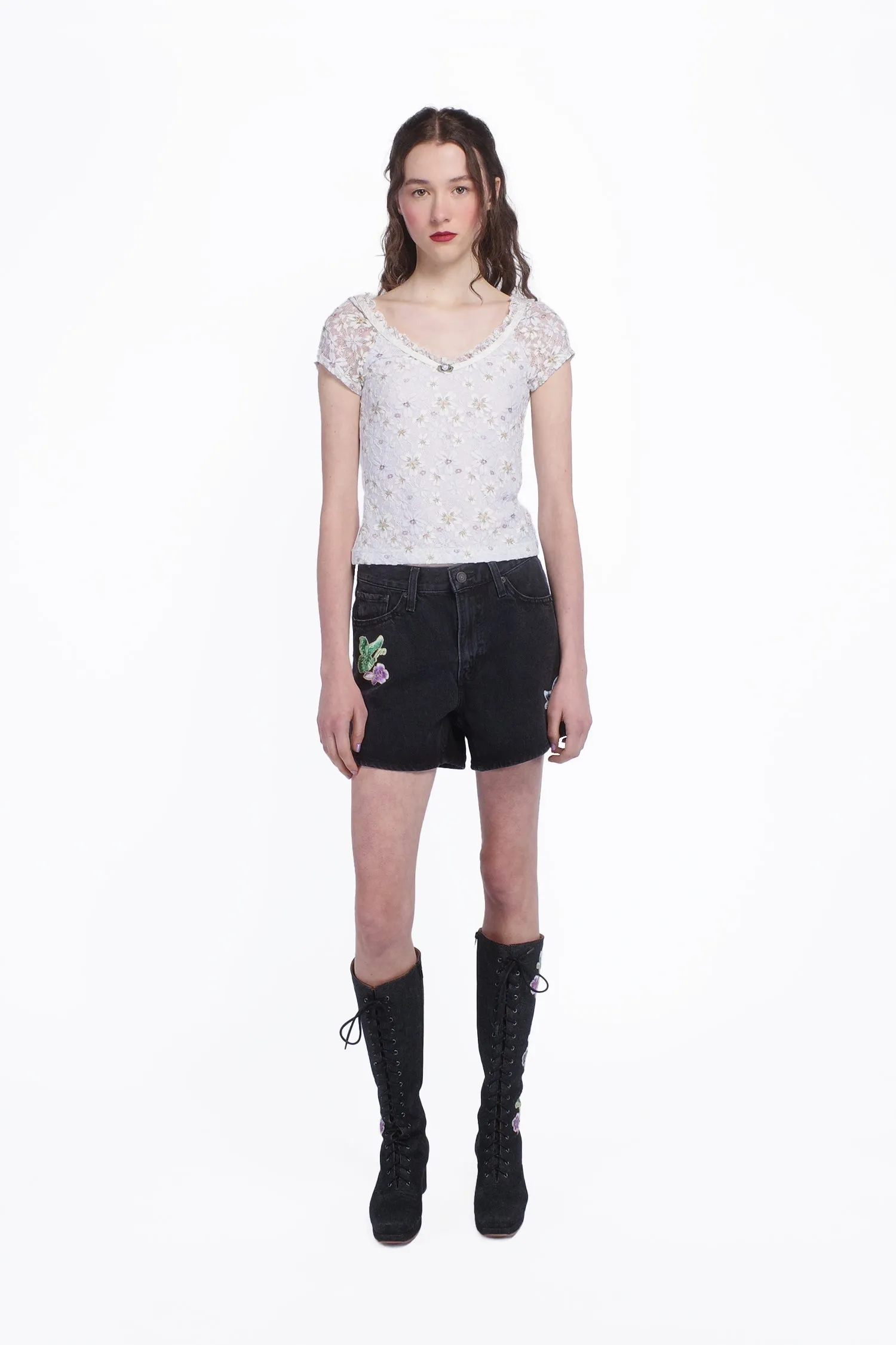 Pansy Stretch Lace Short Sleeve Top Annasui