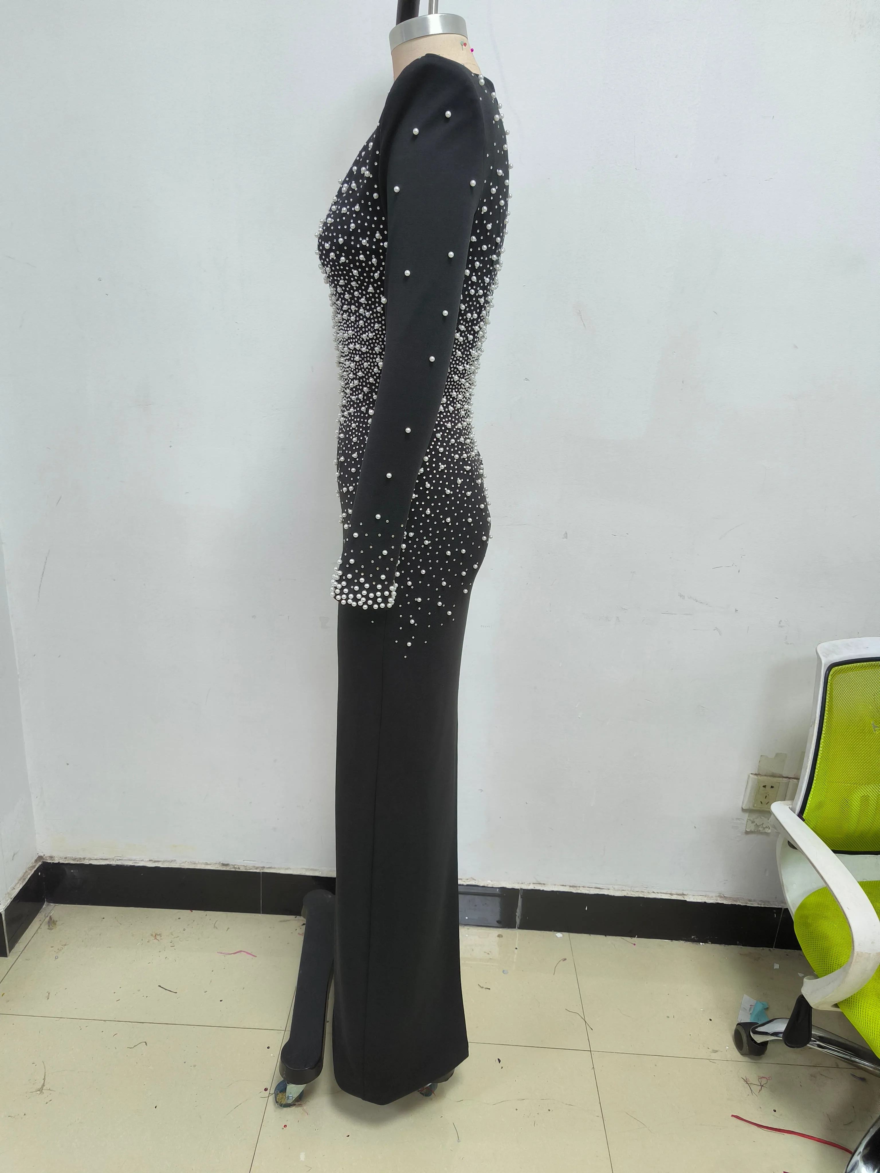 pearl embellished v-neck maxi dress in black Gloria Lanvin