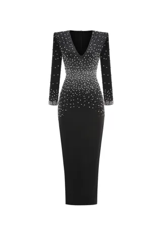 pearl embellished v-neck maxi dress in black Gloria Lanvin