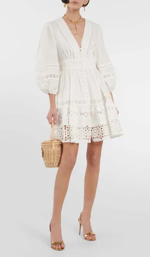 PLUNGING NECK LACE MINI DRESS IN WHITE Gloria Lanvin