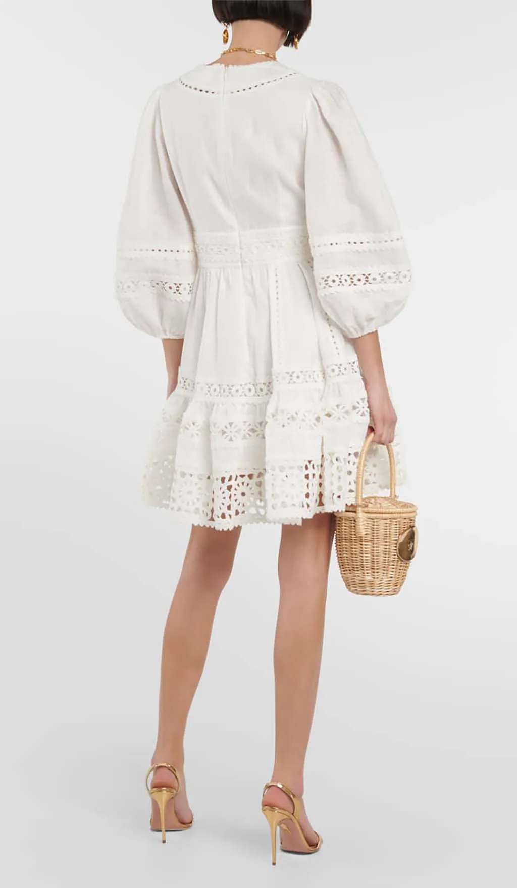 PLUNGING NECK LACE MINI DRESS IN WHITE Gloria Lanvin