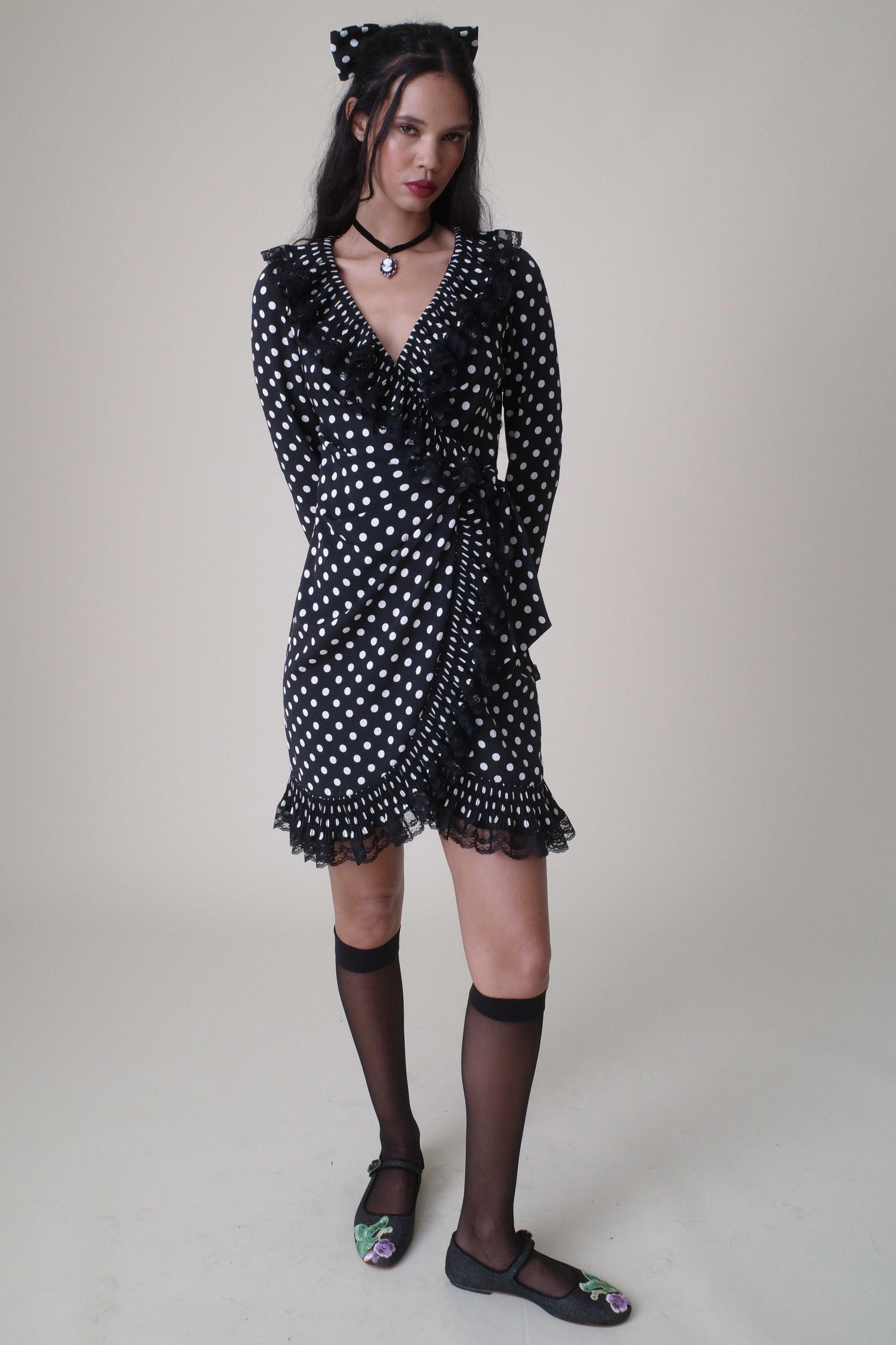 Polka Dot Pleated Wrap Dress Annasui