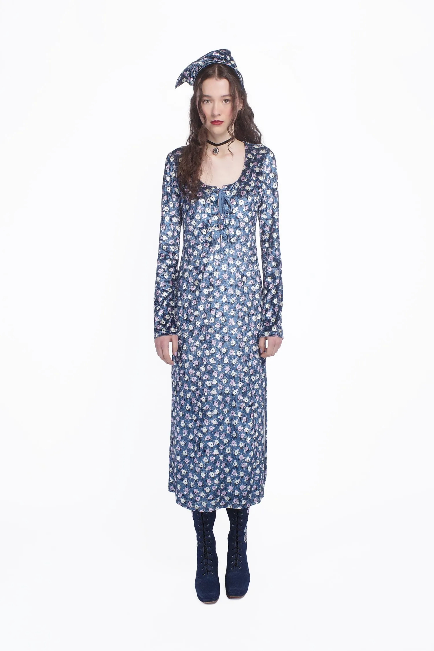 Posie Stretch Velvet Long Dress With Slit Annasui