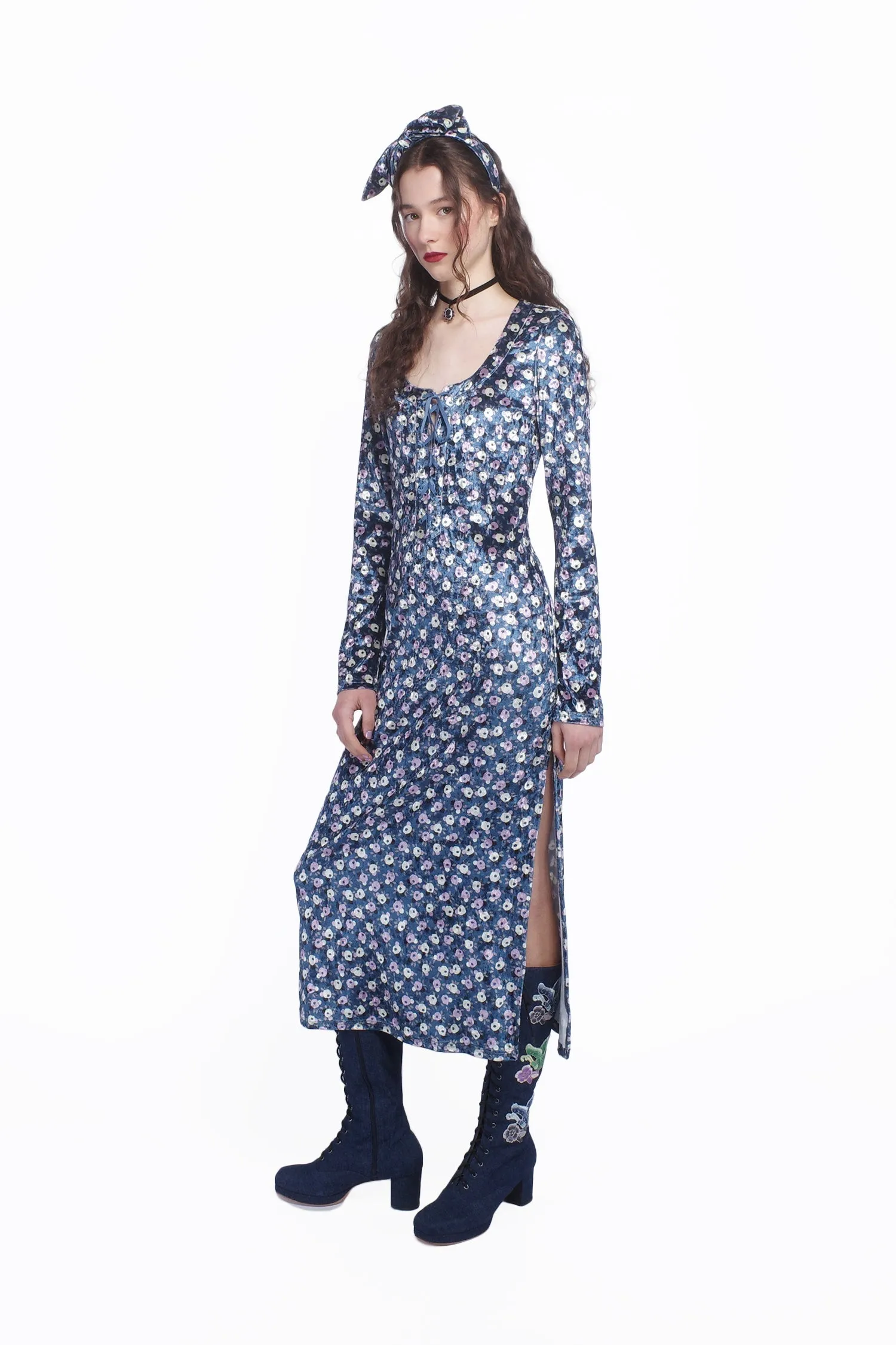Posie Stretch Velvet Long Dress With Slit Annasui