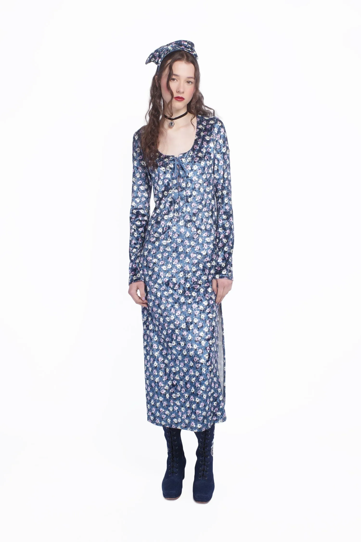 Posie Stretch Velvet Long Dress With Slit Annasui