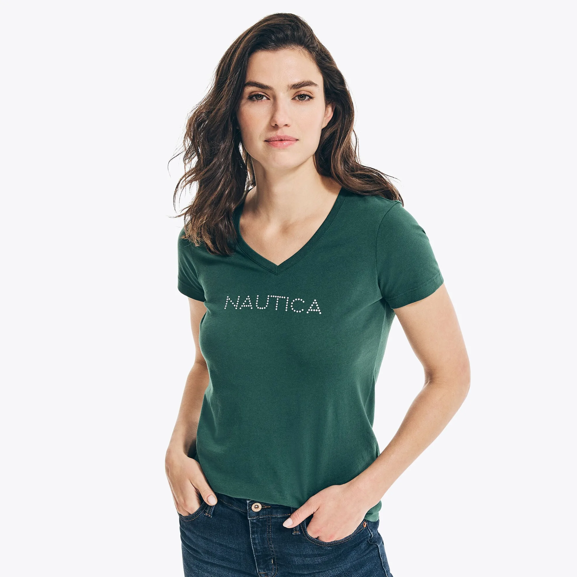 Reformation Nautica Womens Studded Logo V-Neck T-Shirt