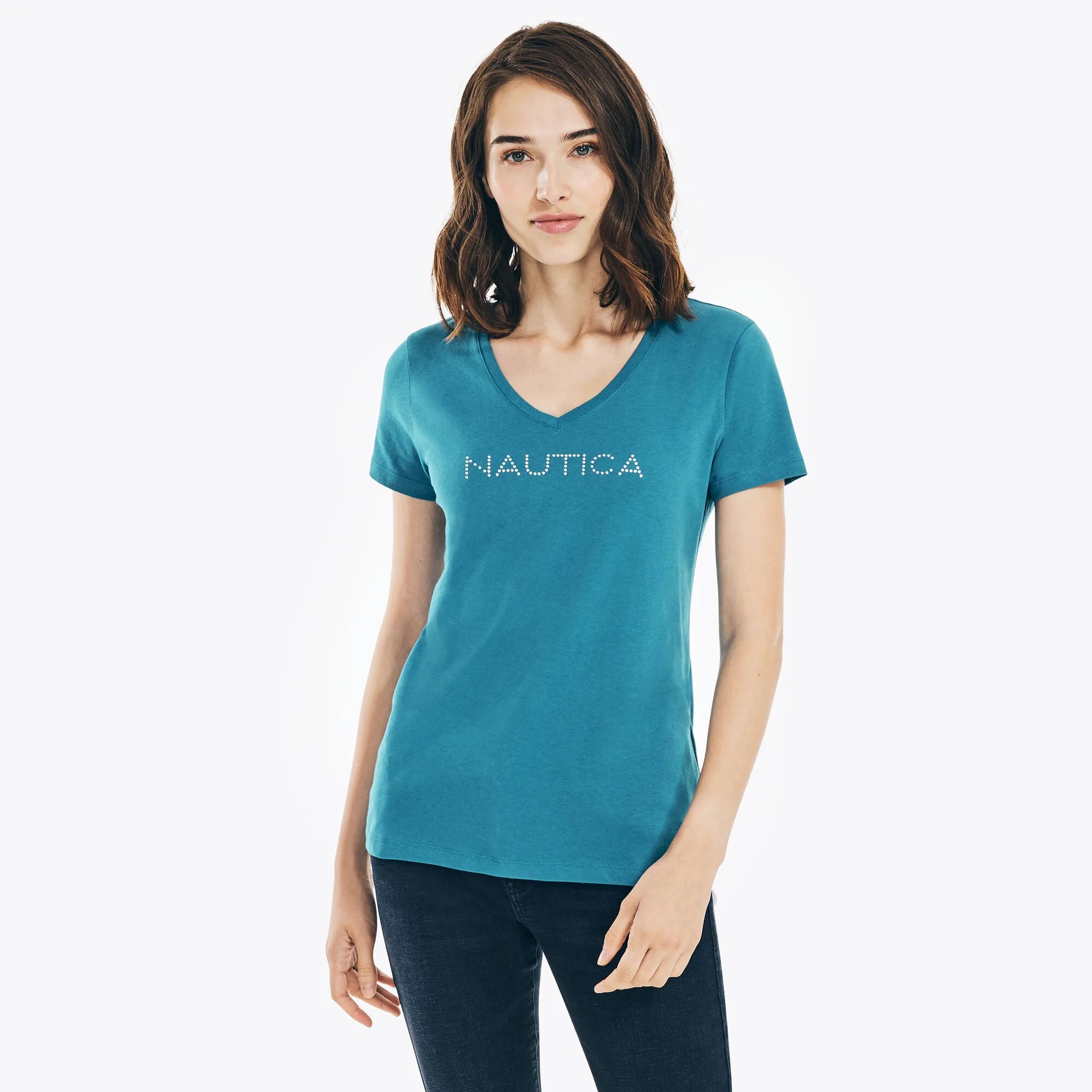 Reformation Nautica Womens Studded Logo V-Neck T-Shirt
