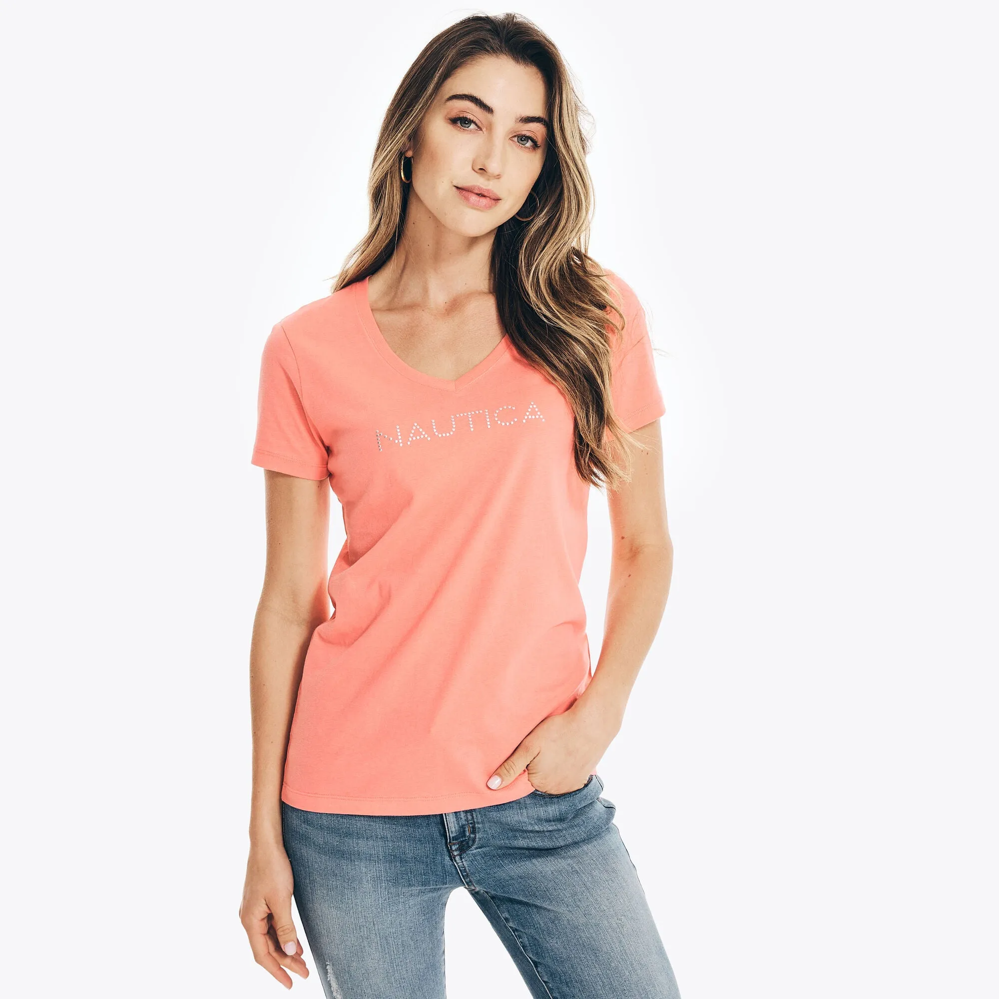 Reformation Nautica Womens Studded Logo V-Neck T-Shirt