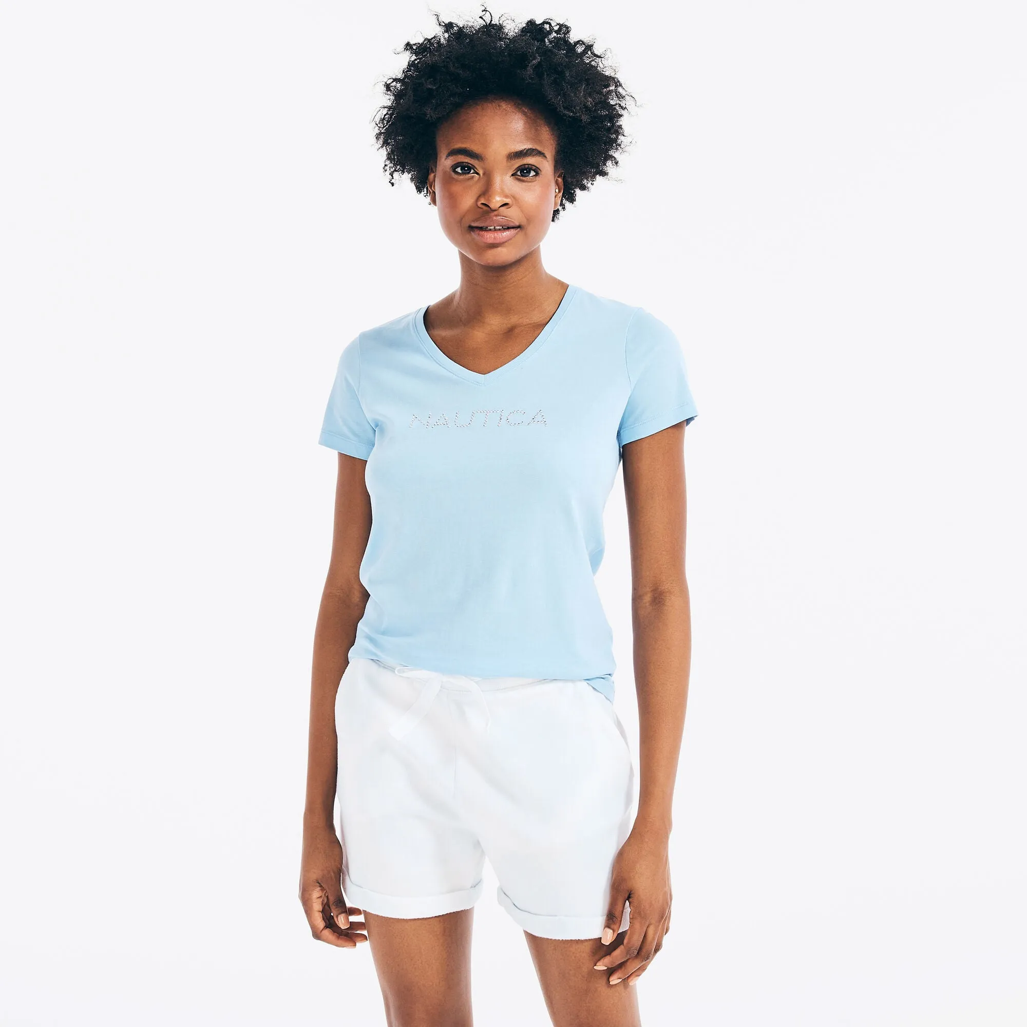 Reformation Nautica Womens Studded Logo V-Neck T-Shirt