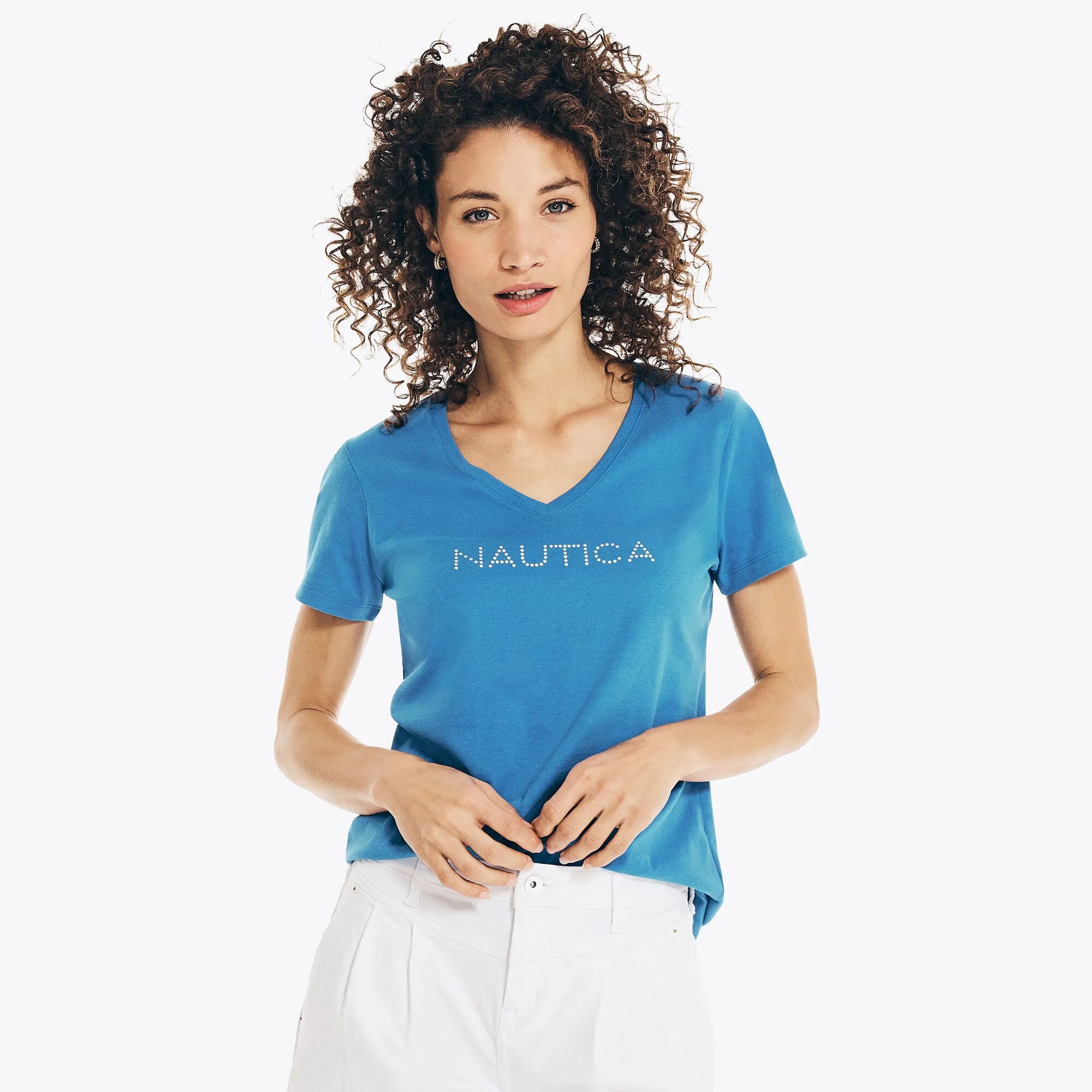 Reformation Nautica Womens Studded Logo V-Neck T-Shirt