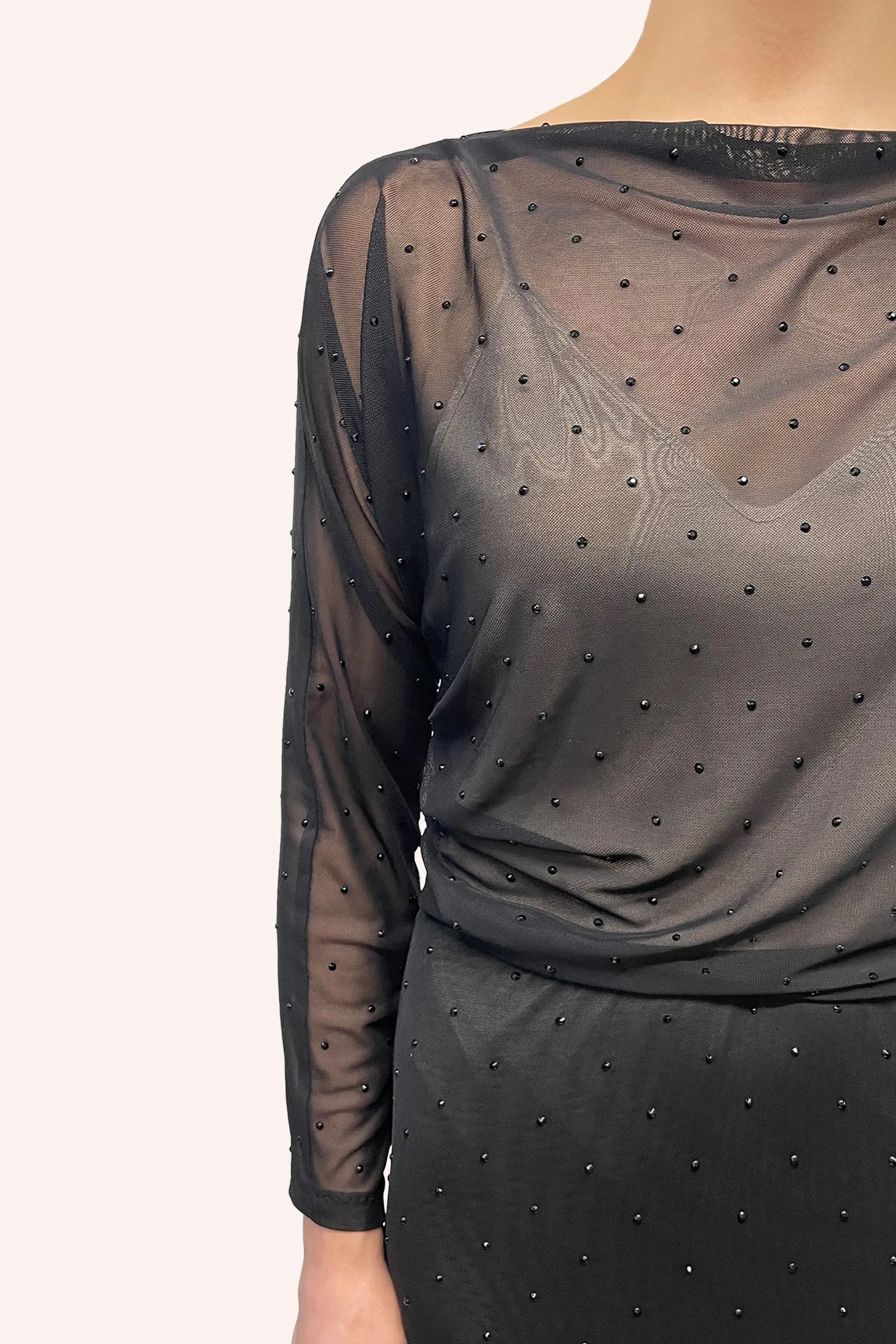 Rhinestone Mesh Gathered Top Annasui
