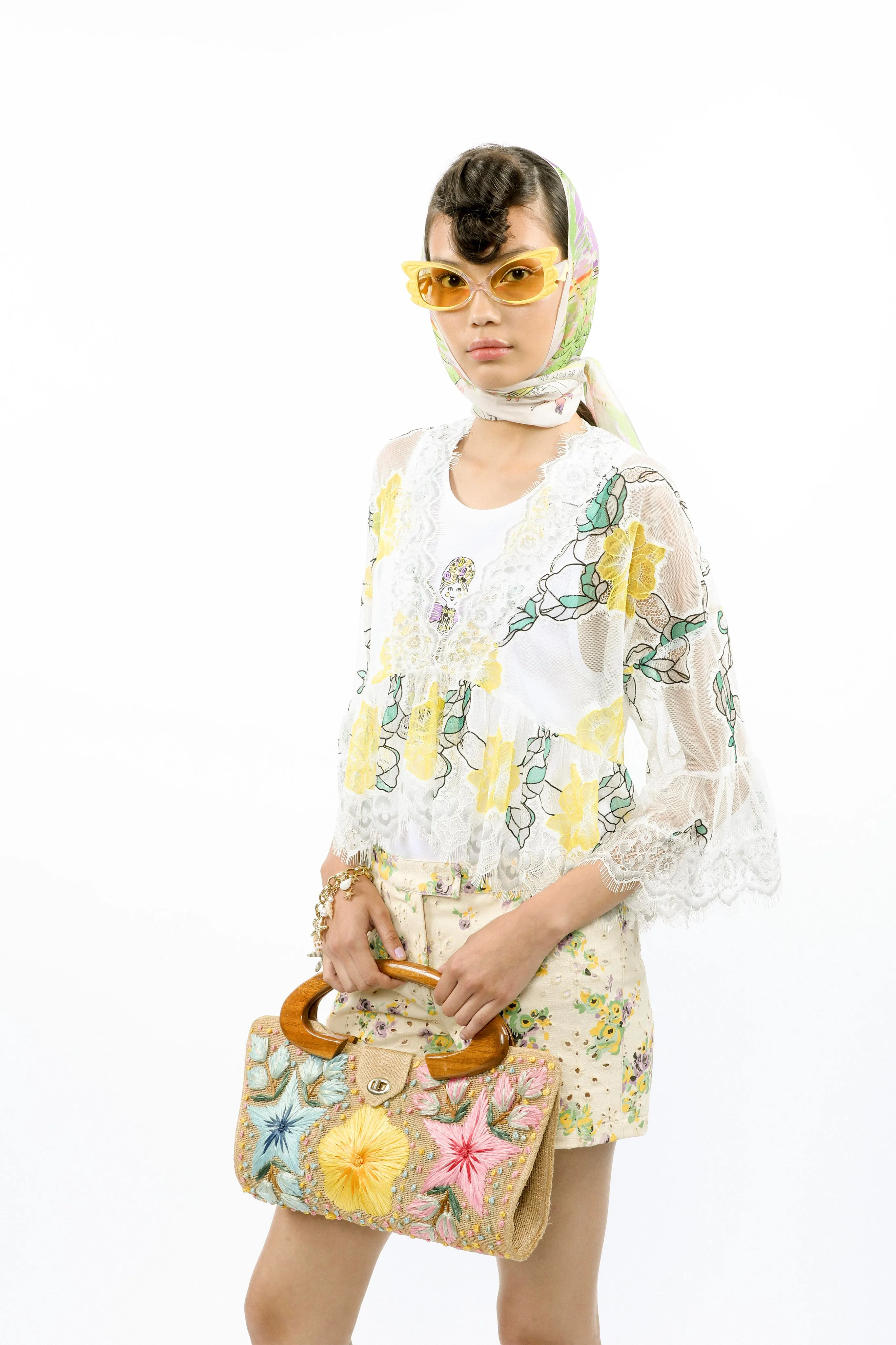 Rose Printed Chantilly Lace V-neck Blouse Annasui