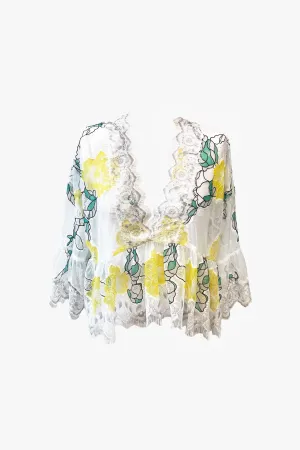 Rose Printed Chantilly Lace V-neck Blouse Annasui
