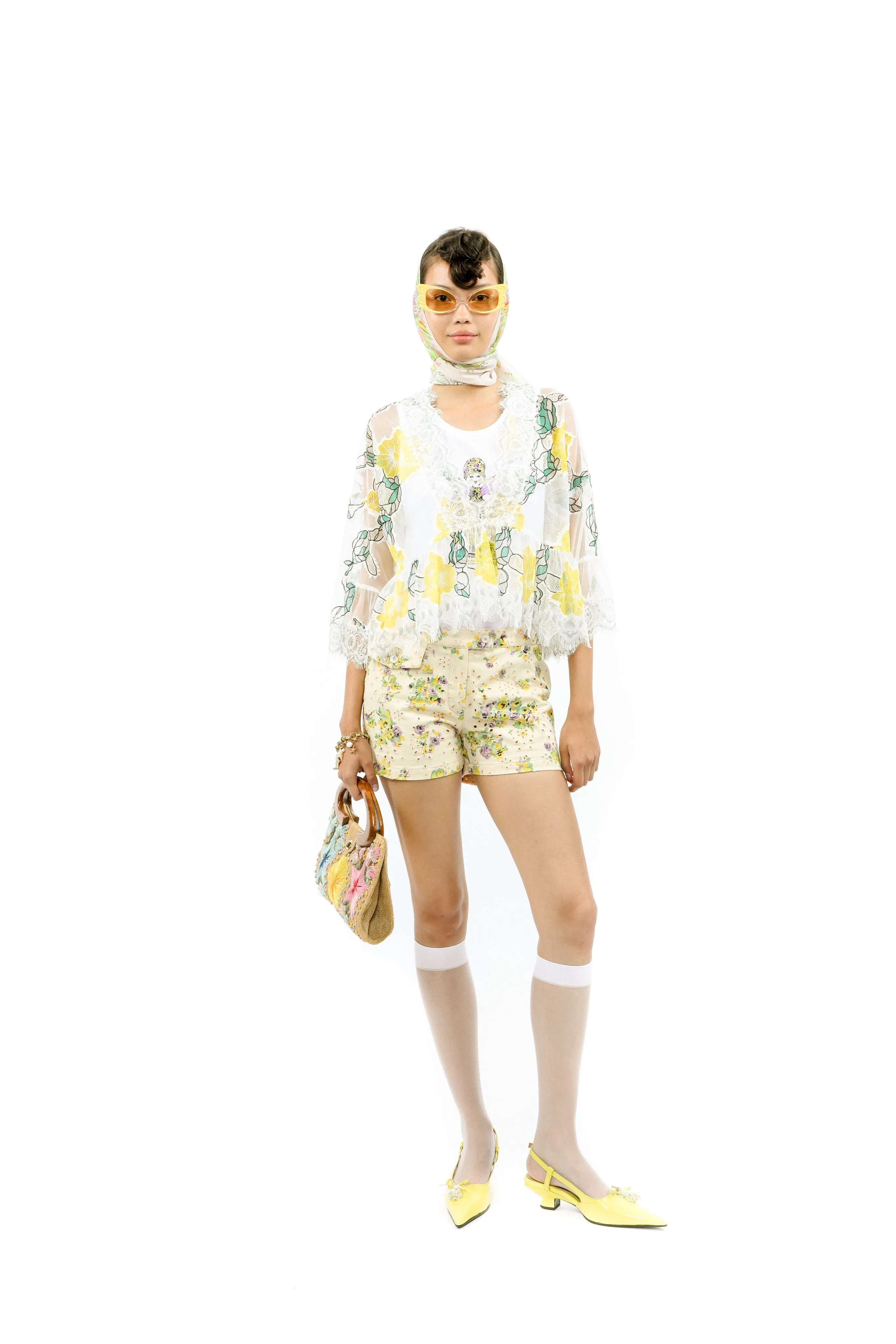 Rose Printed Chantilly Lace V-neck Blouse Annasui