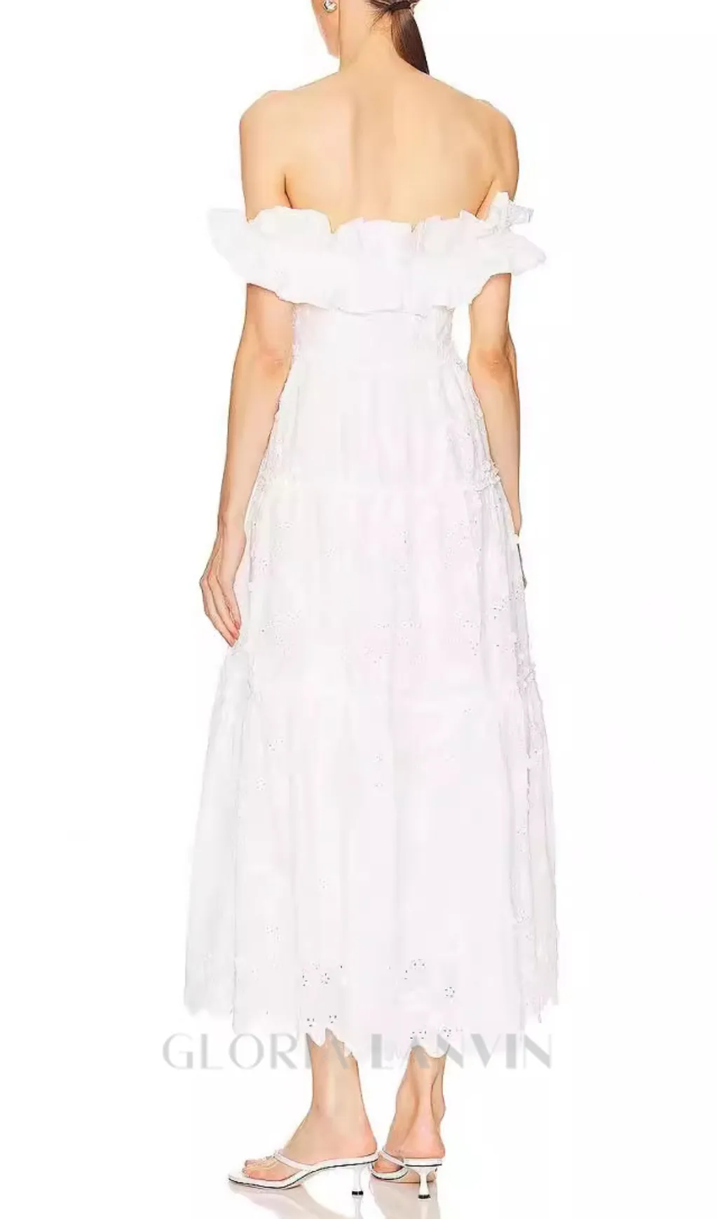 RUFFLE NECKLINE HIGH SPLIT MIDI DRESS IN WHITE Gloria Lanvin